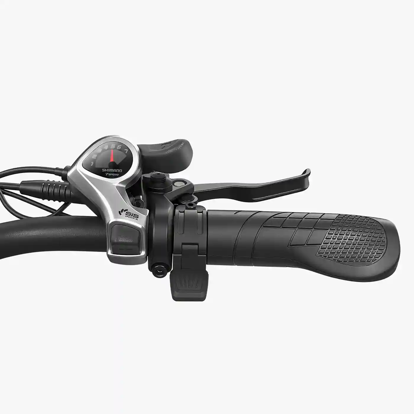 Manillar de bicicleta con maneta de cambio, maneta de freno y puño. Indicador de marchas.