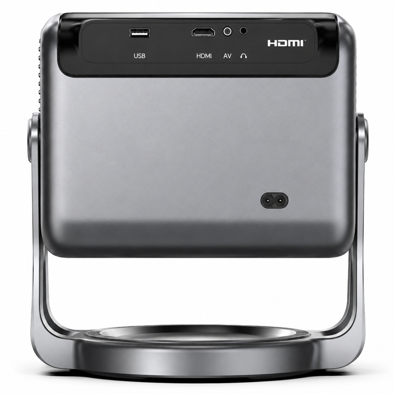 Grauer Projektor mit HDMI-, USB- und AV-Anschlüssen auf der Oberseite.