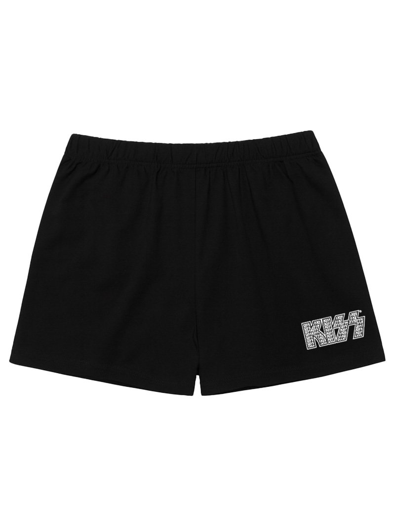 Schwarze Shorts mit "KISS"-Logo auf der rechten Seite.