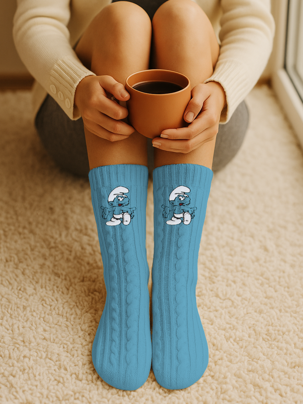 Eine Person hält einen Kaffeebecher und trägt blaue Socken mit Schlümpfen.