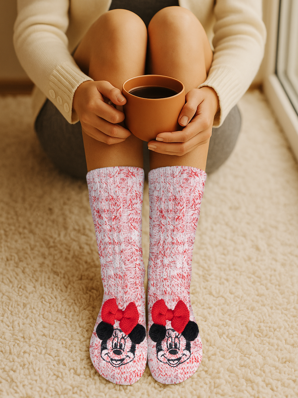 Person in gemütlichen Socken mit Minnie-Maus-Gesichtern hält eine Kaffeetasse.