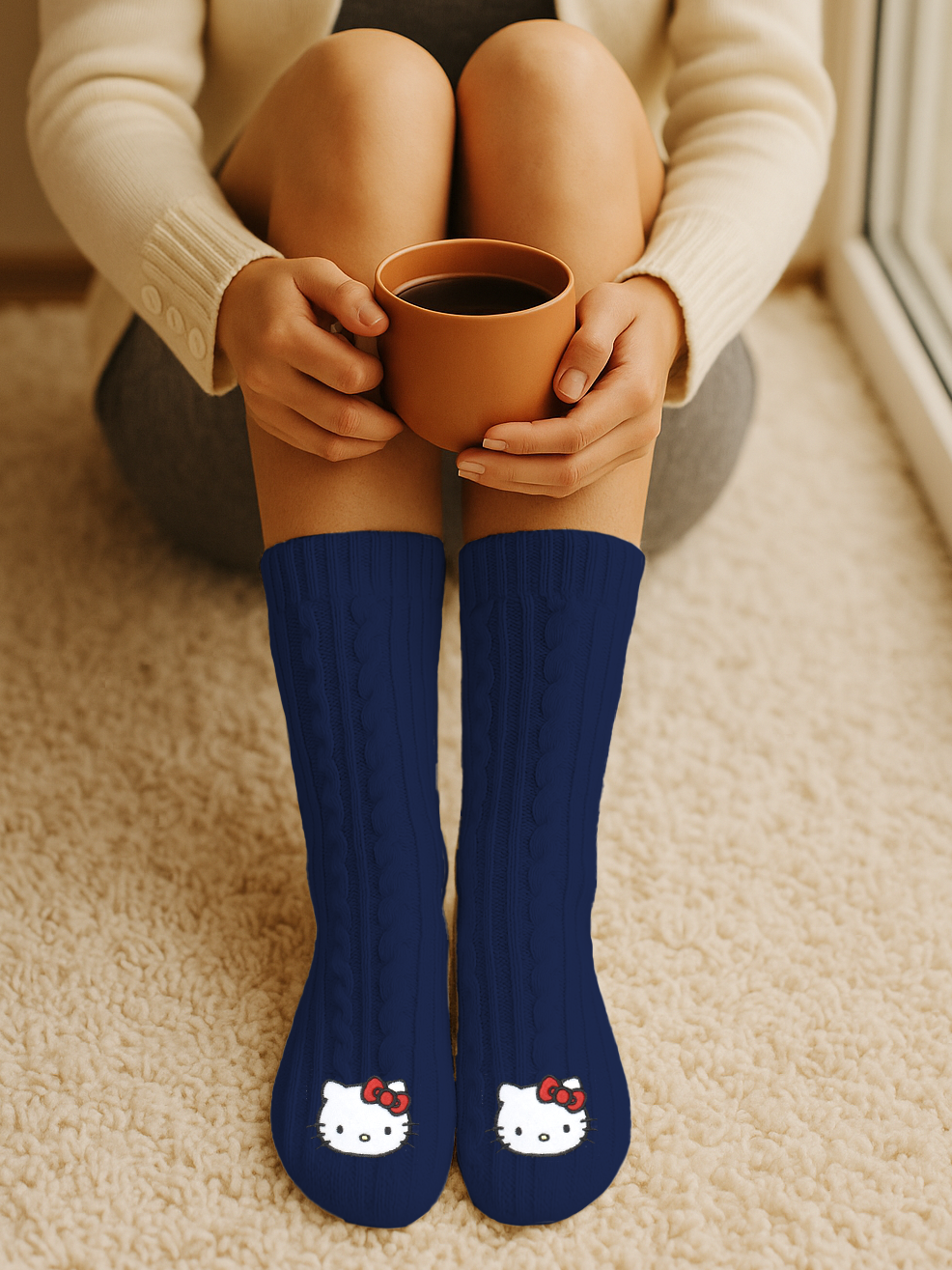 Person mit blauen Socken mit Hello Kitty-Motiv und einer Tasse Kaffee.