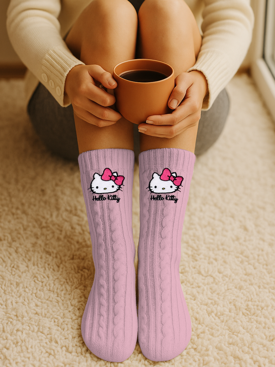 Person hält eine Tasse, trägt pinke Hello Kitty Socken und sitzt auf einem Teppich.