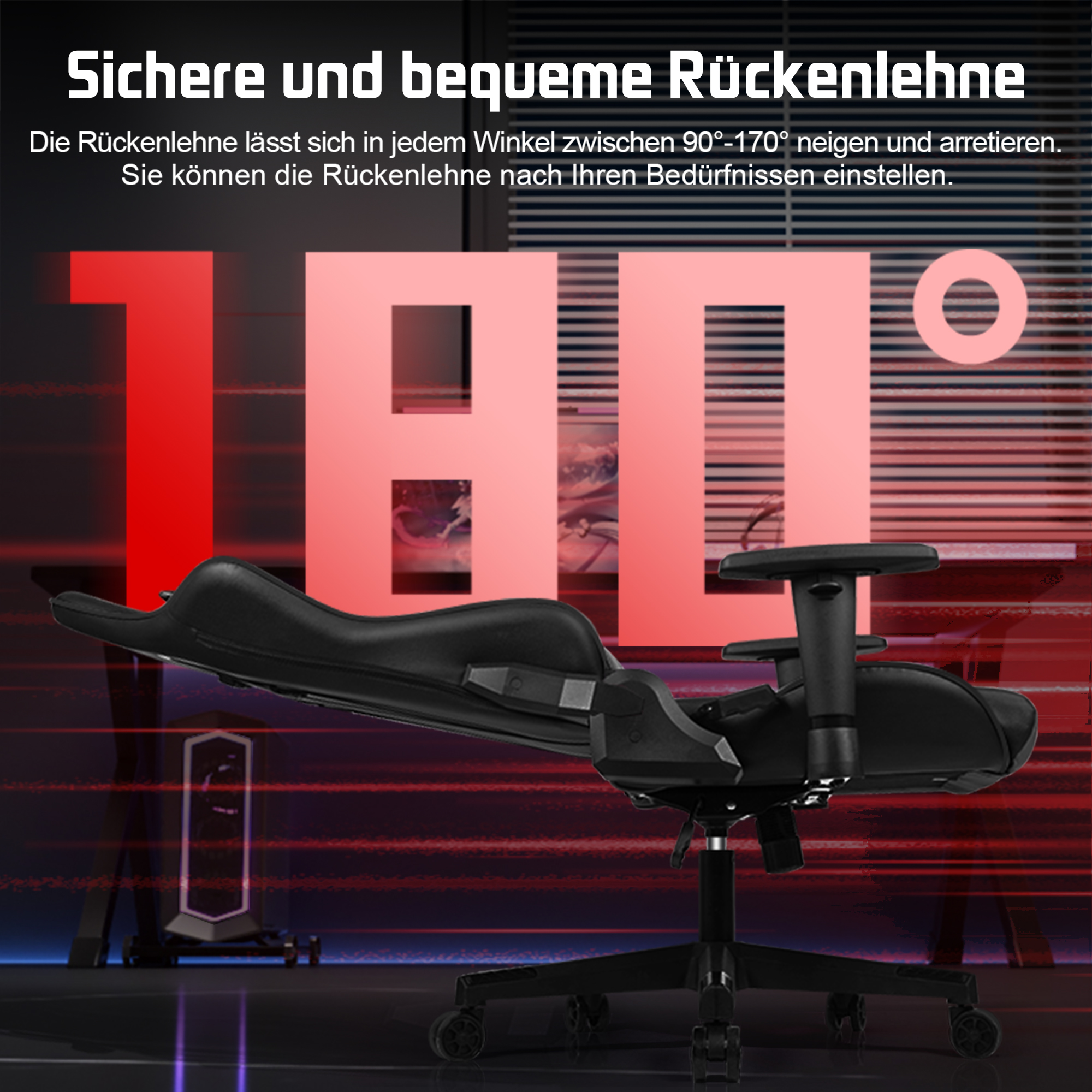 Schwarzer Bürostuhl mit verstellbarer Rückenlehne vor rotem Hintergrund mit "180°"-Aufschrift.