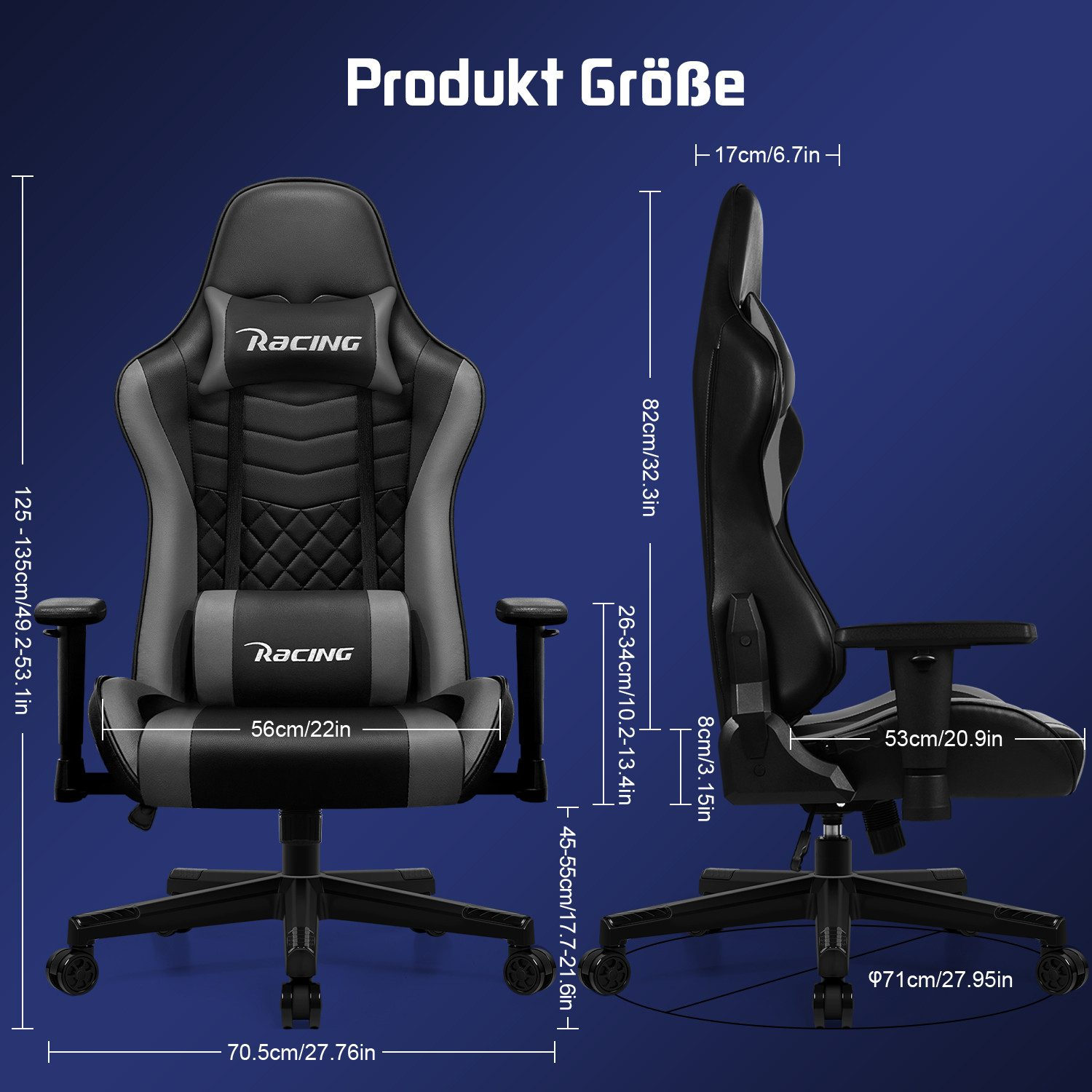 Ein schwarzer Gaming-Stuhl mit grauen Akzenten und Maßangaben.