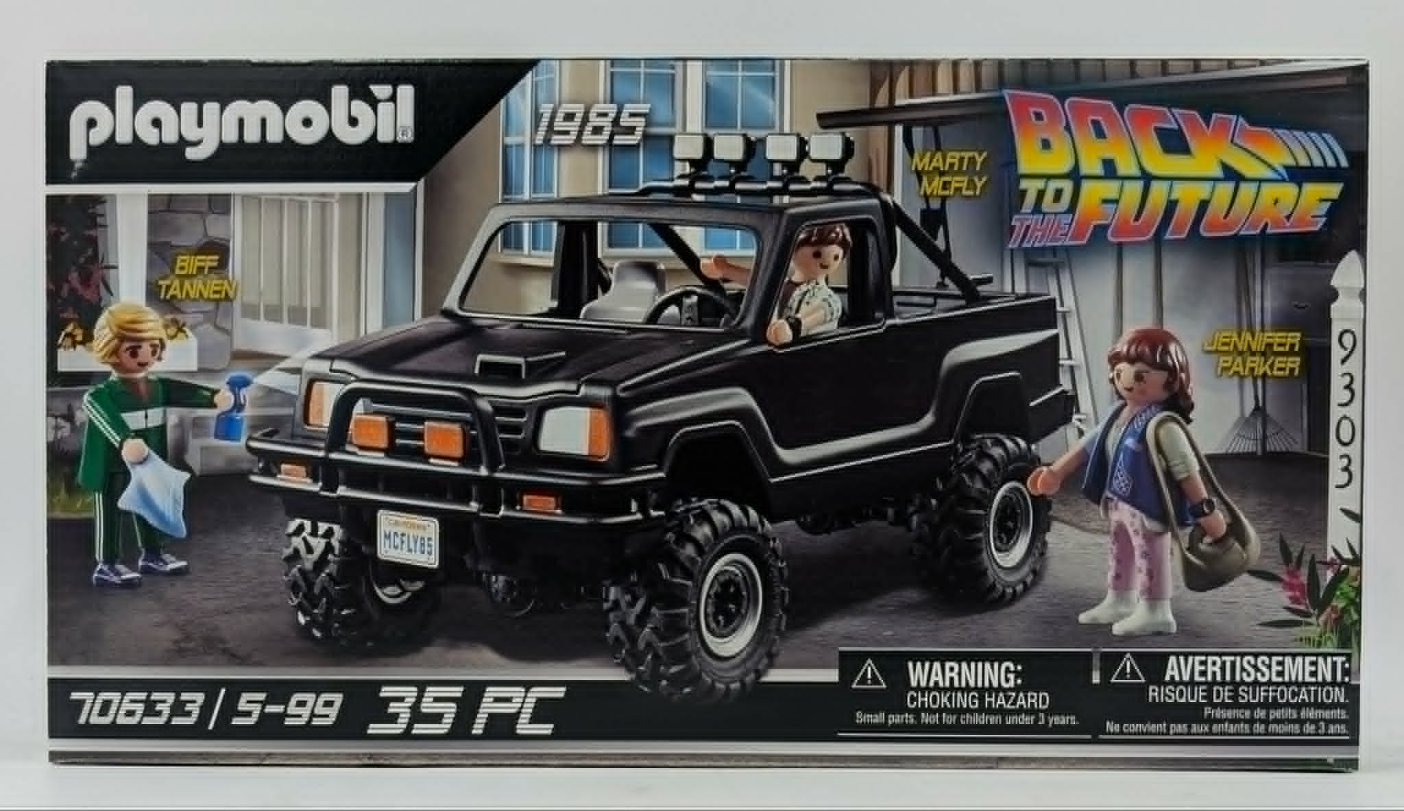 Set Playmobil con SUV nero, Marty McFly, Jennifer Parker e Biff Tannen.
