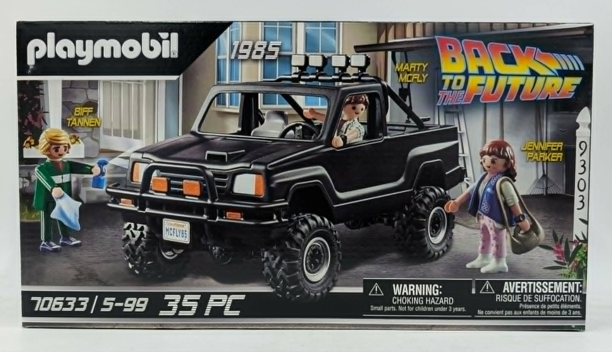 Set Playmobil "Ritorno al Futuro" con 3 figure e un fuoristrada nero.