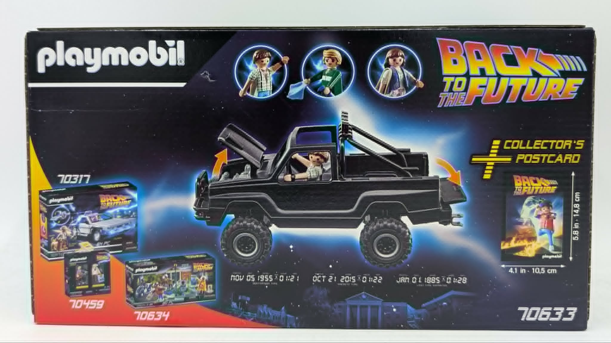 Set Playmobil Ritorno al Futuro con camion, figure e cartolina.