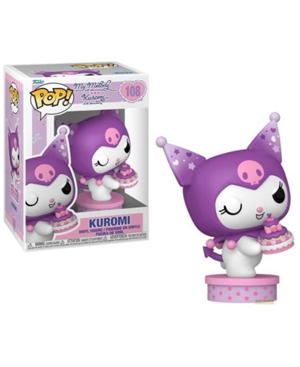 Figura morada de Kuromi con pastel rosa, al lado de su caja.