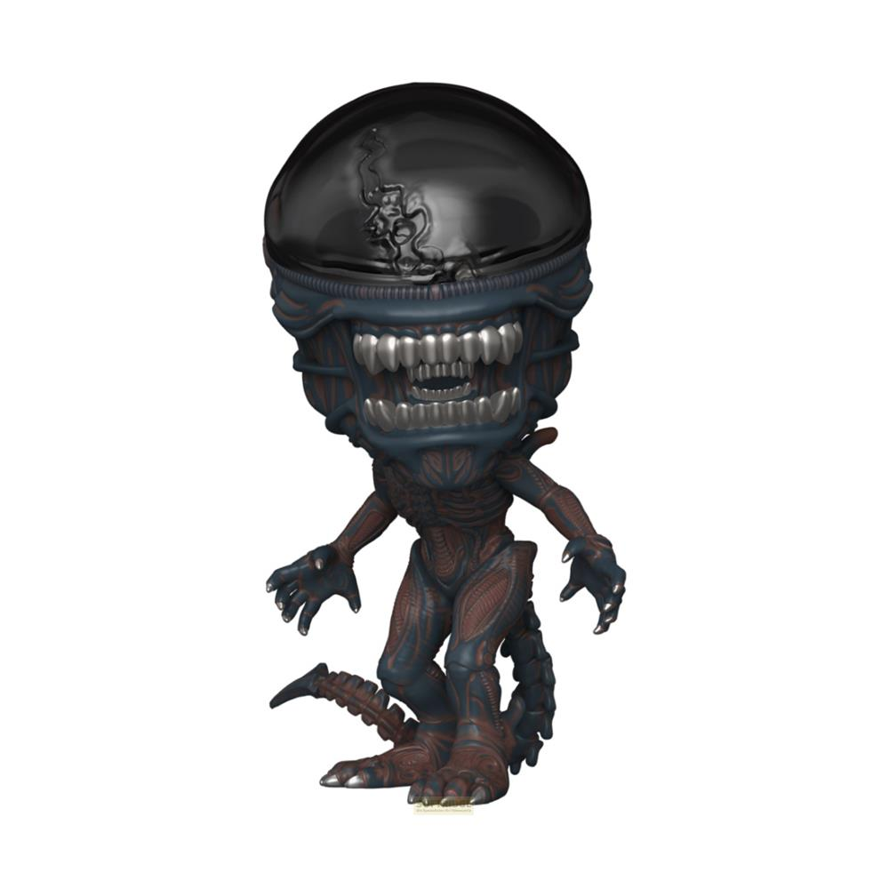 Una figura xenomorfa oscura y brillante con cabeza larga, dientes afilados y cola segmentada.