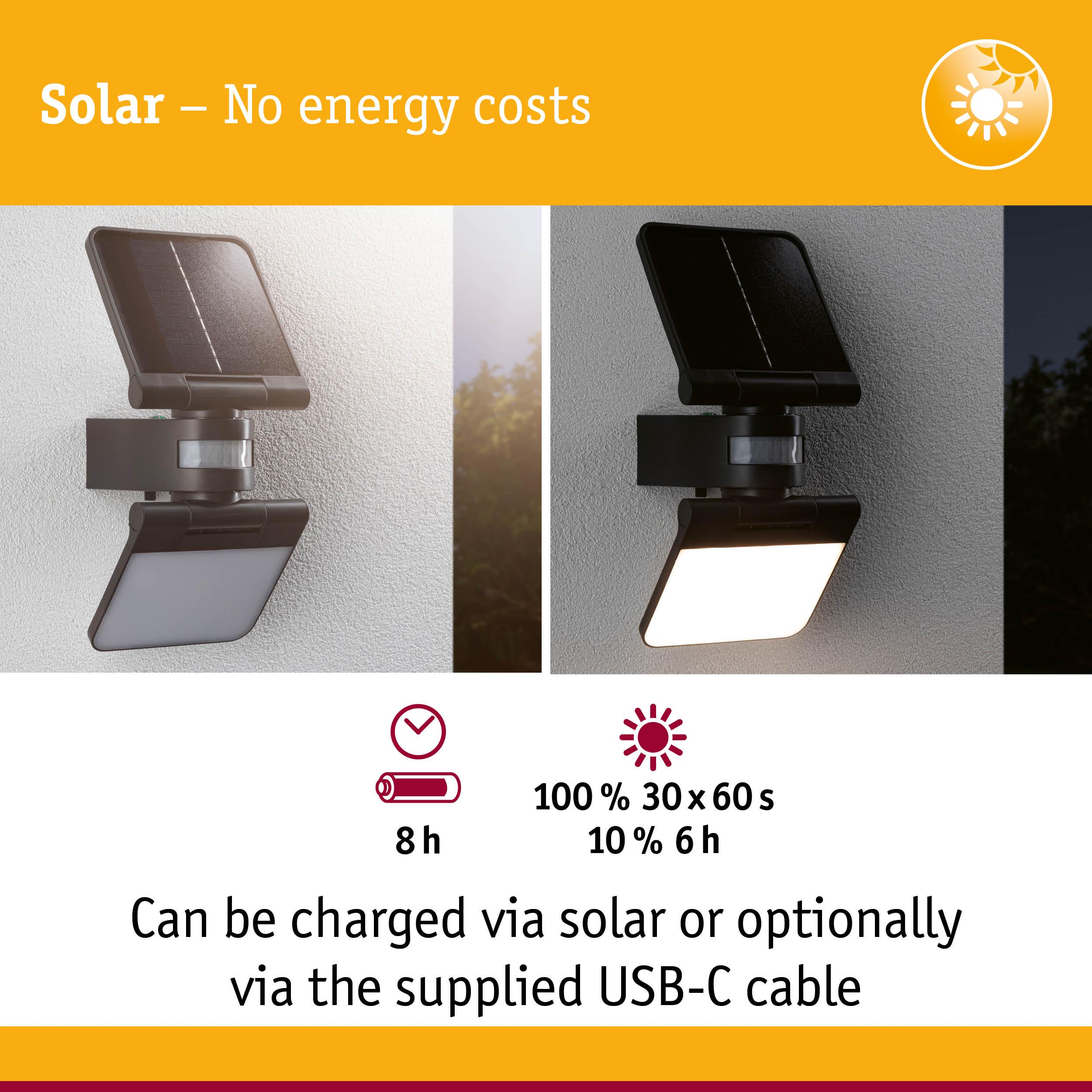 Solar-Außenleuchte mit Ladeanzeige und USB-C-Option.