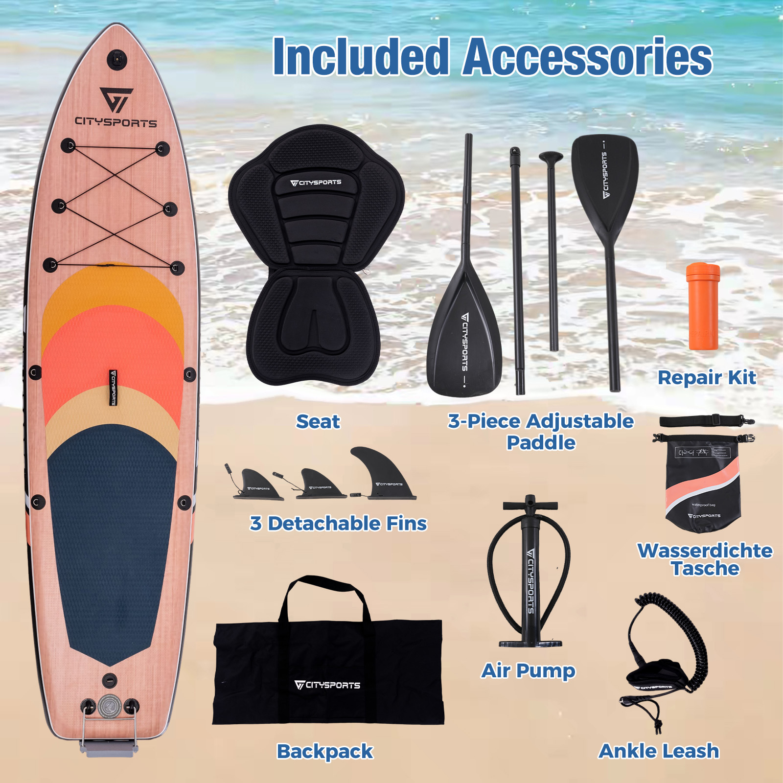 Stand-up paddleboard accessoires: board, zitting, peddel, pomp, vinnen, tas, leiband, reparatieset.
