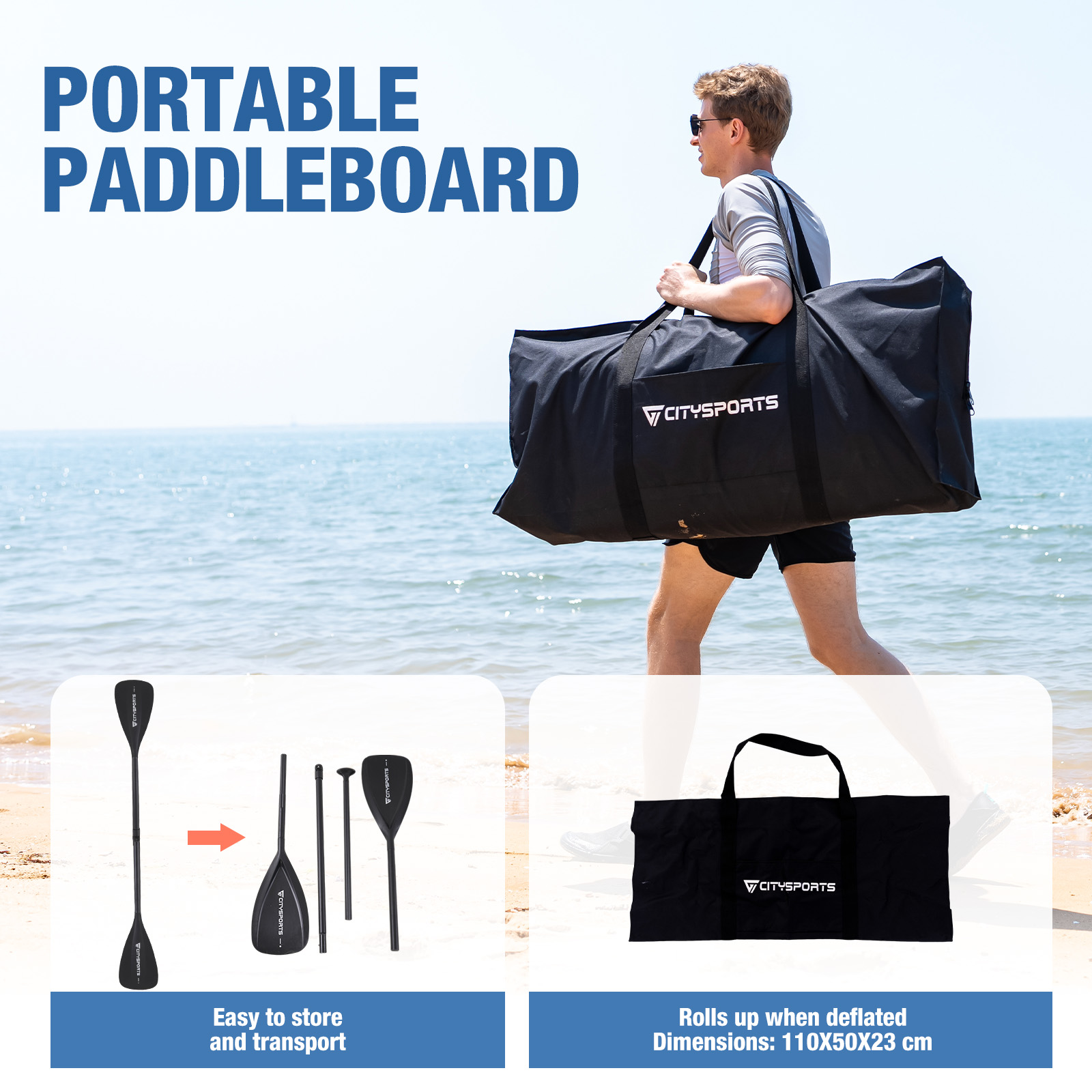 Man draagt tas op strand; peddels en tas worden getoond.