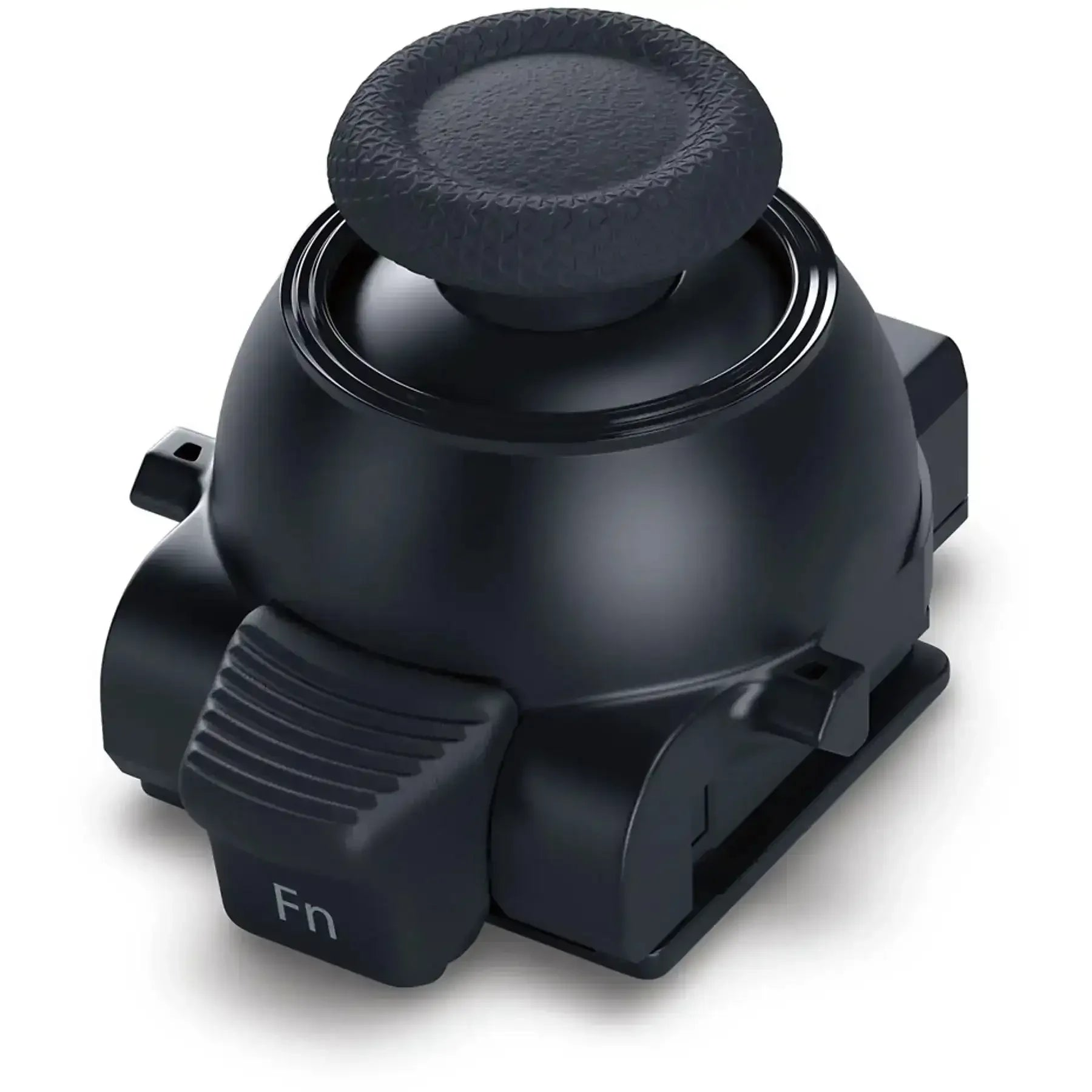 Un joystick da gioco nero testurizzato con un pulsante 'Fn'.
