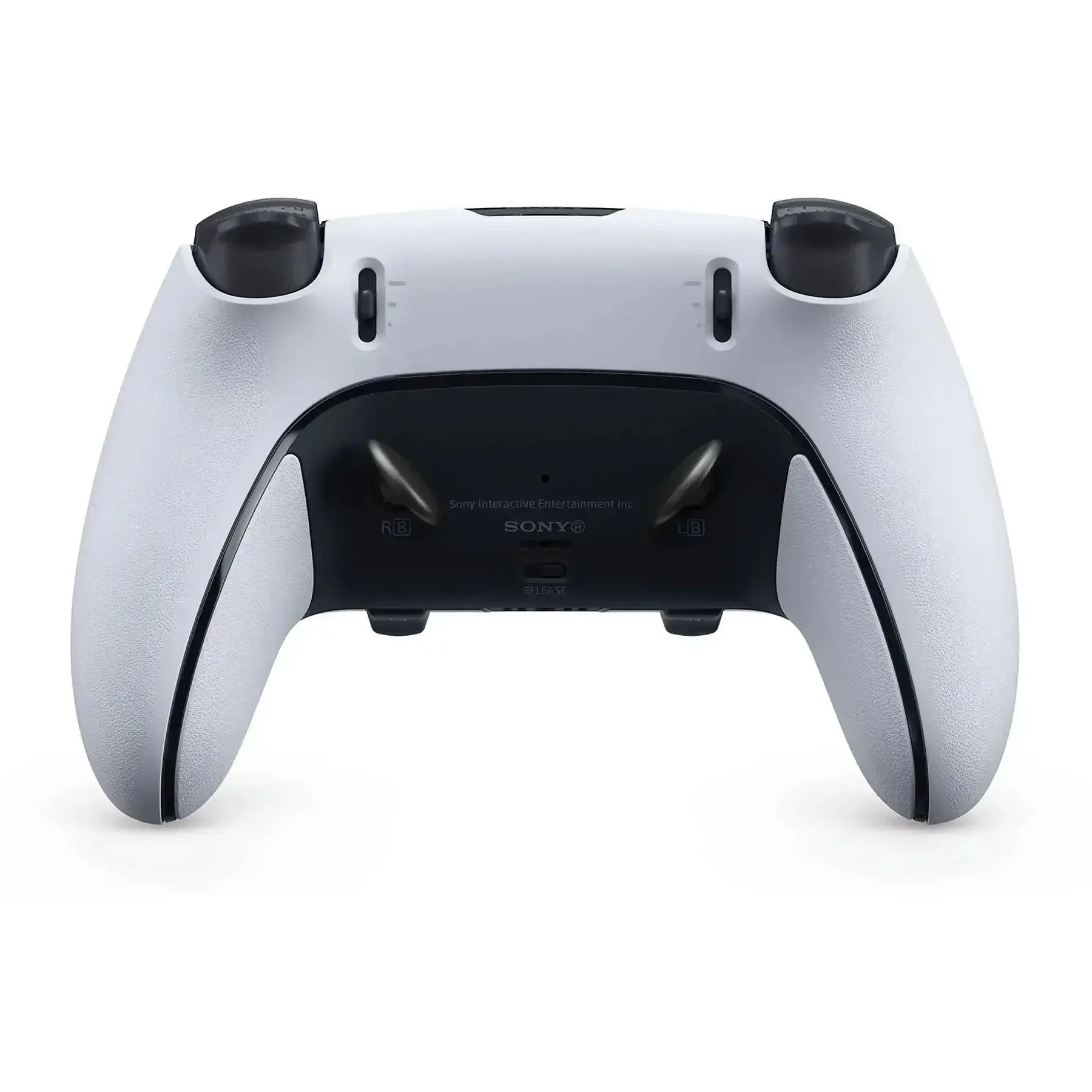 Vista posteriore di un controller bianco con accenti e pulsanti neri.