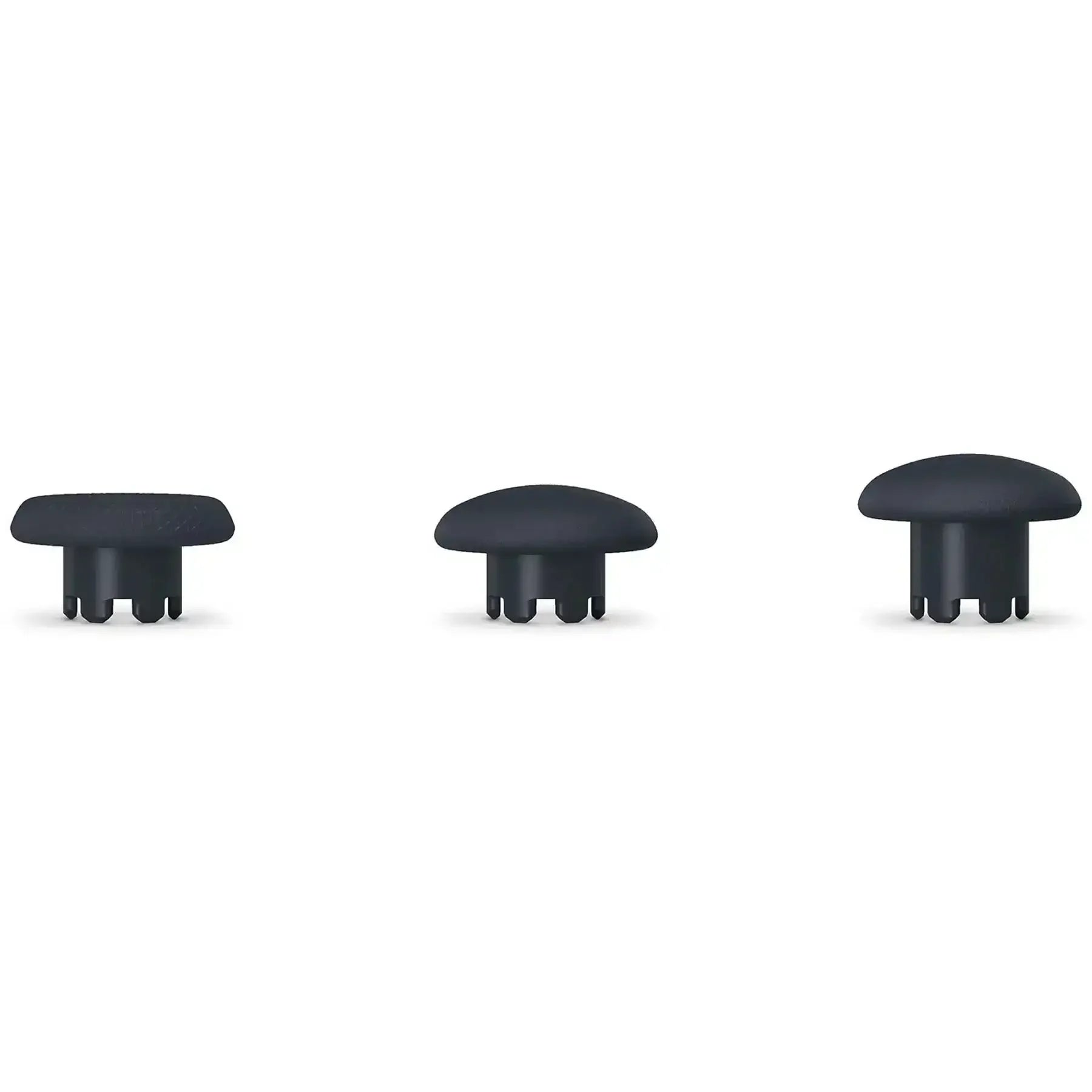Tre cappucci per joystick neri a tre dita sono mostrati uno accanto all'altro.