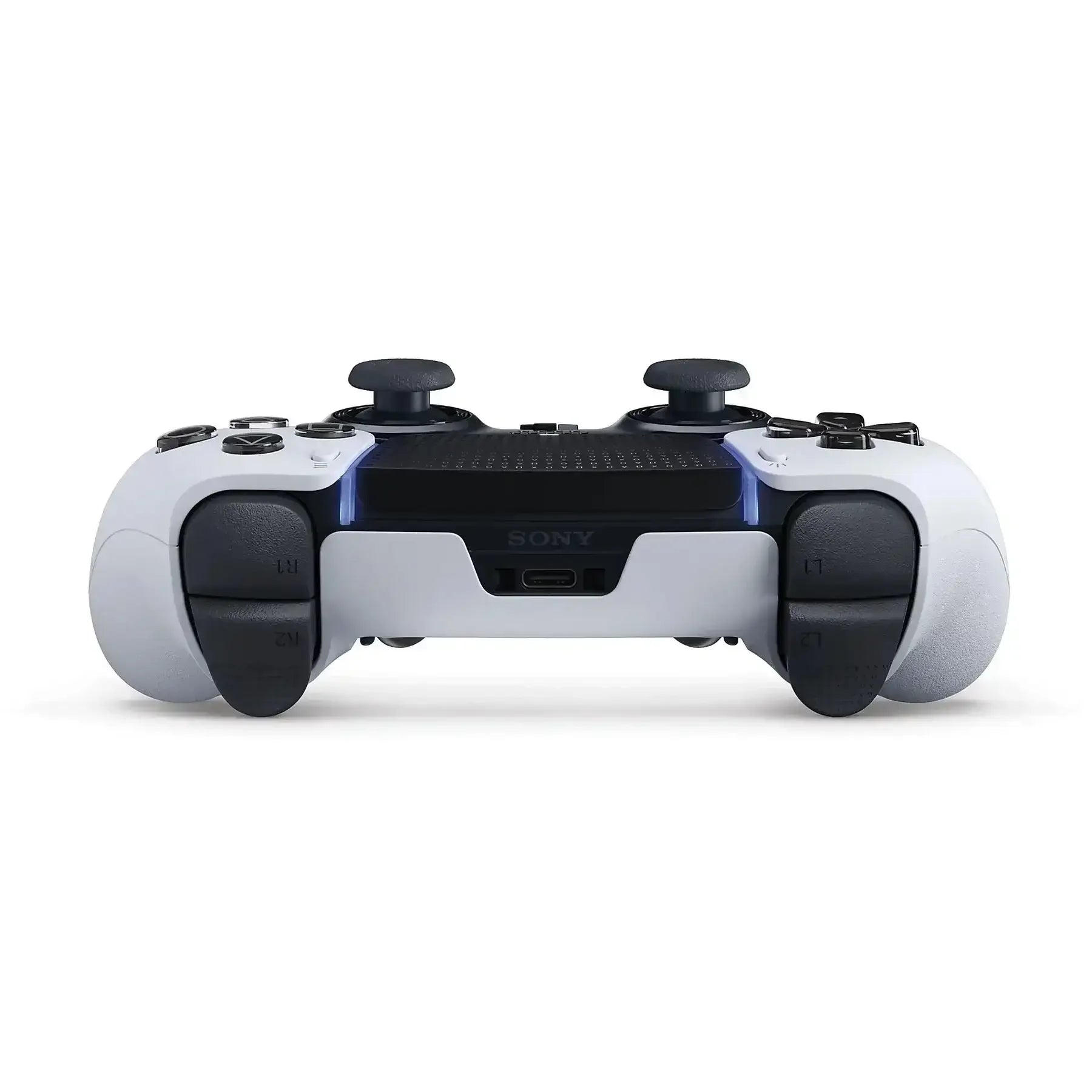 Un controller Sony bianco con accenti neri e luci blu.