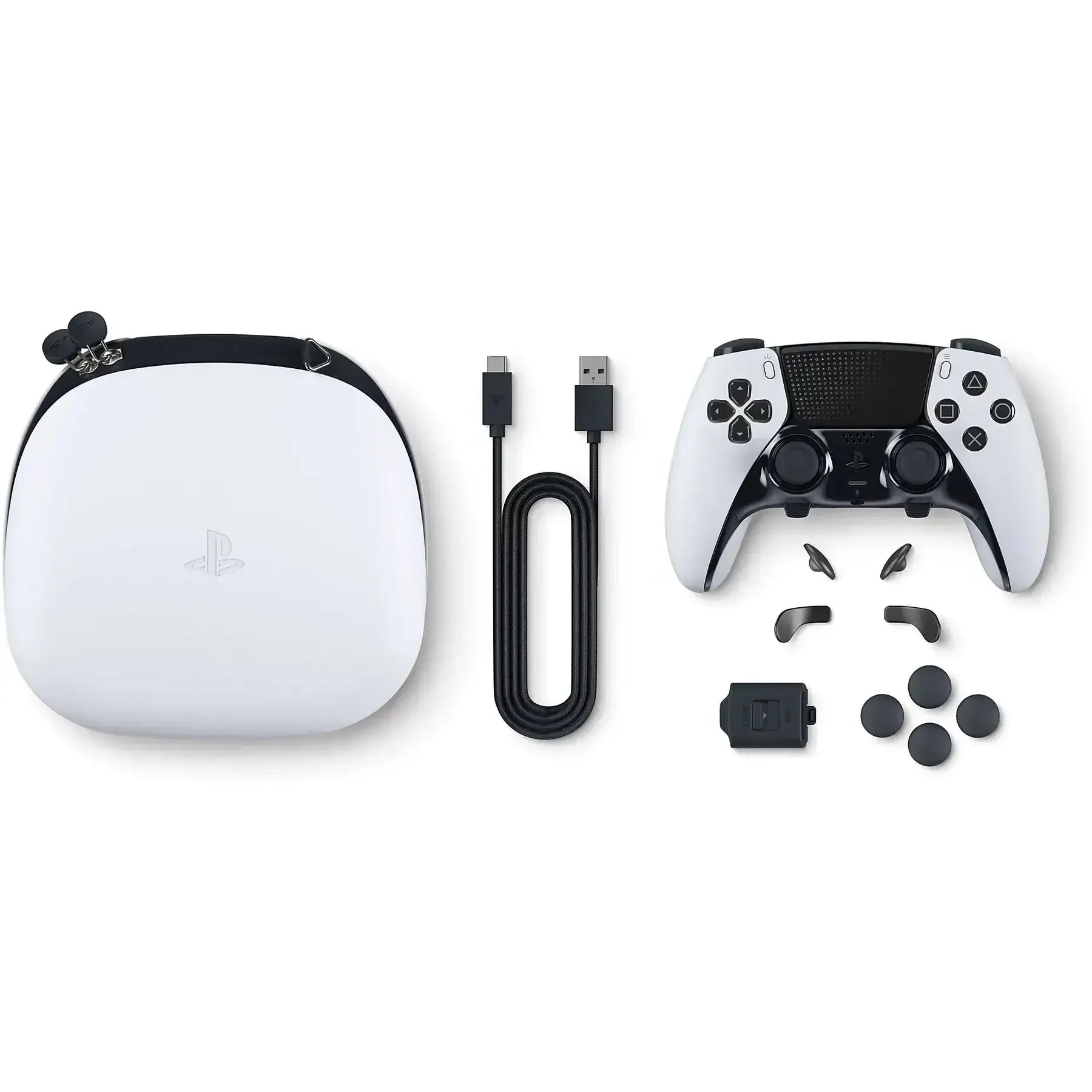Custodia bianca per controller, cavo, controller e accessori su sfondo bianco.