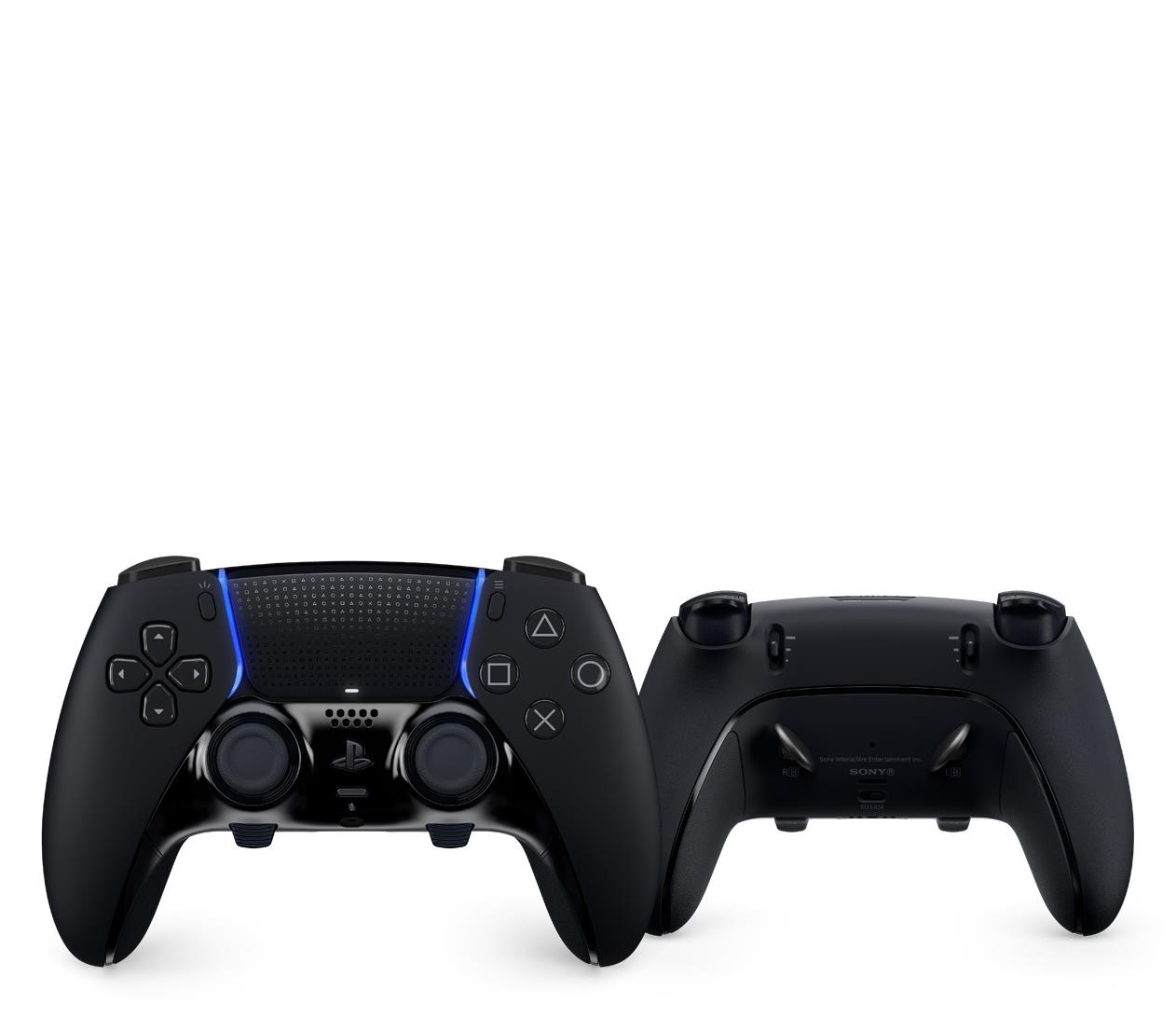 Due controller neri PlayStation, uno frontale, uno posteriore.