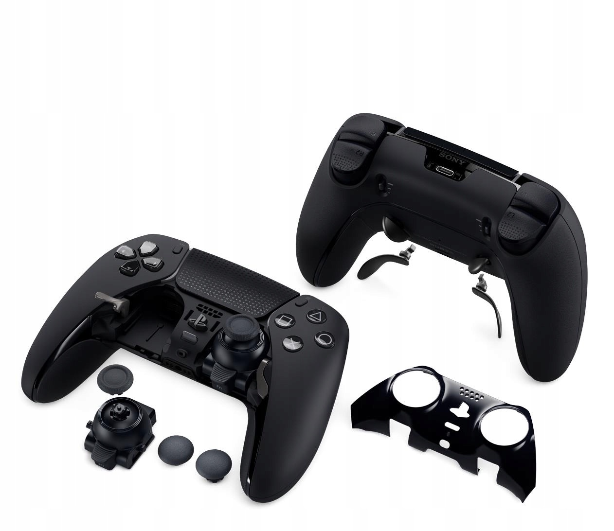Parti del controller nere, inclusi controller smontato, joystick e copertura.