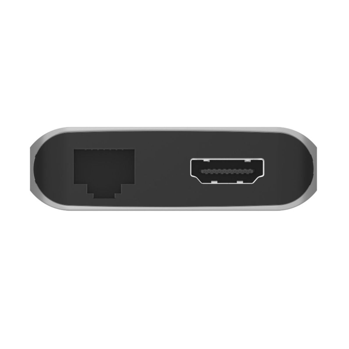 Un alloggiamento grigio con una porta Ethernet e una HDMI.
