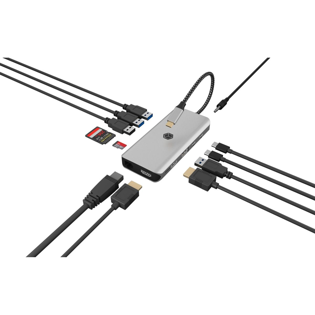 Hub USB-C argento con più porte e cavi, inclusi HDMI e USB-A.