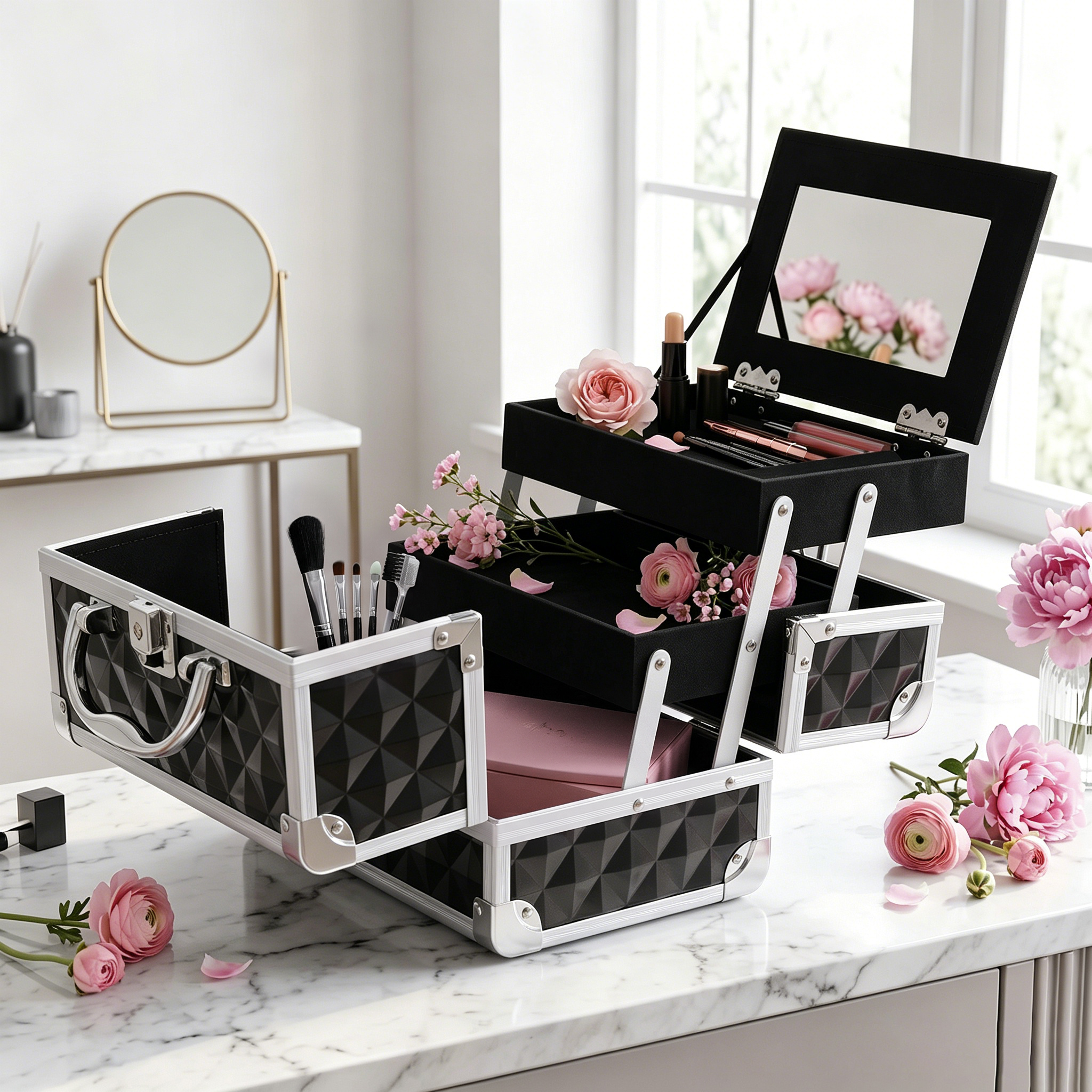 Neceser abierto con espejo, maquillaje y flores rosas sobre mesa de mármol.