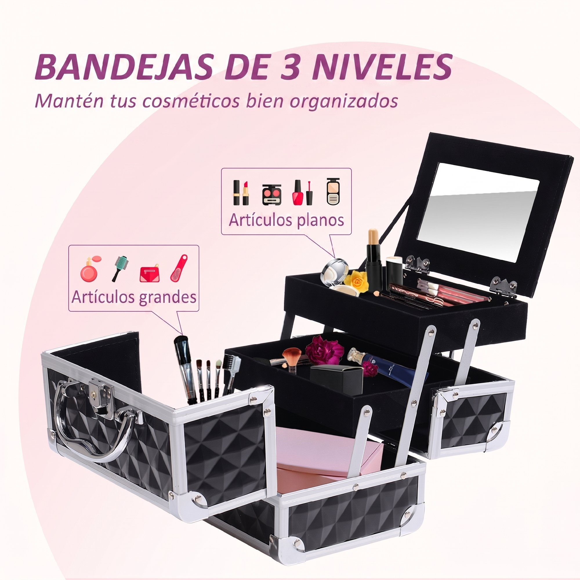 Neceser negro de tres niveles lleno de cosméticos y brochas.