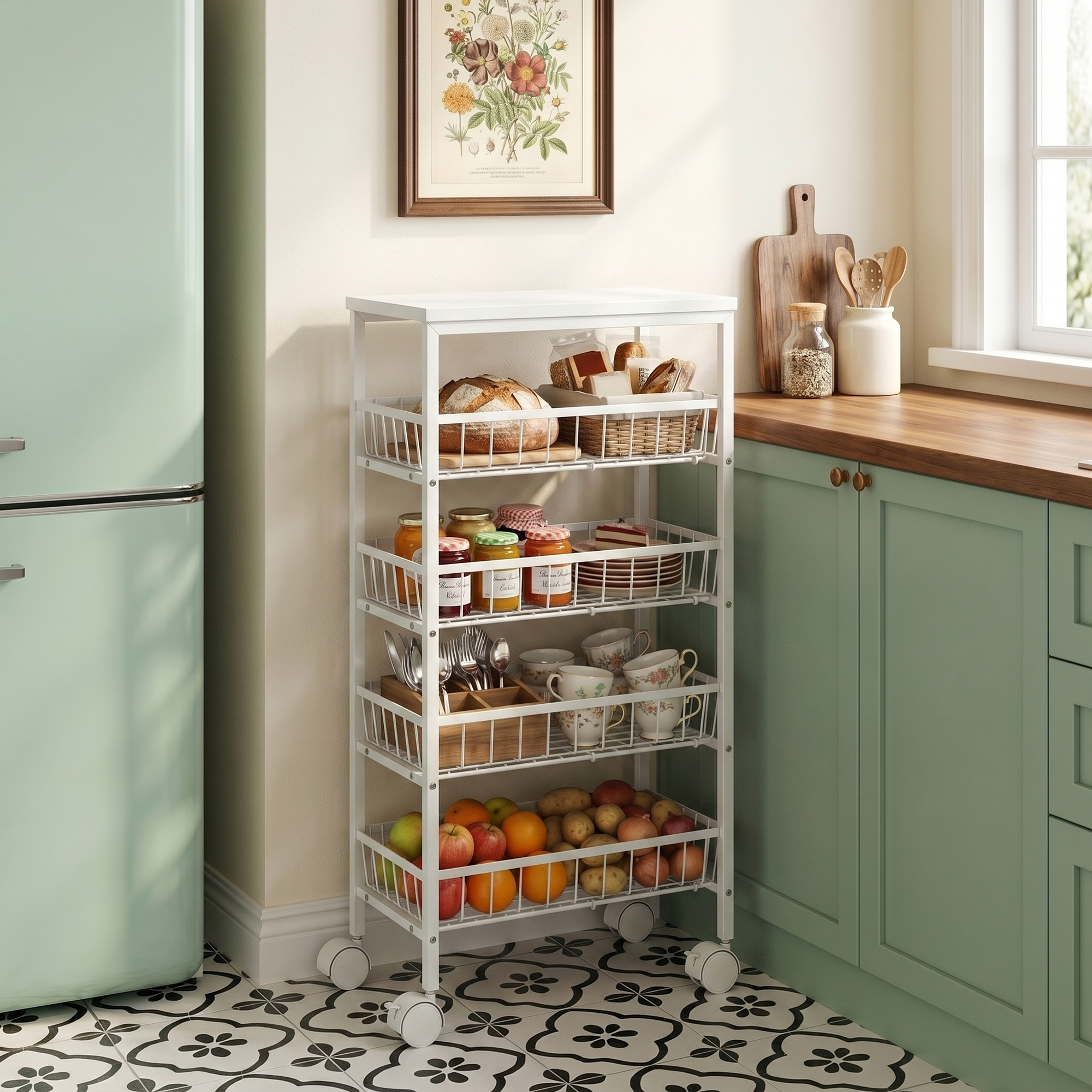 Una escena de cocina con un refrigerador verde, un carrito rodante blanco con comida y platos.