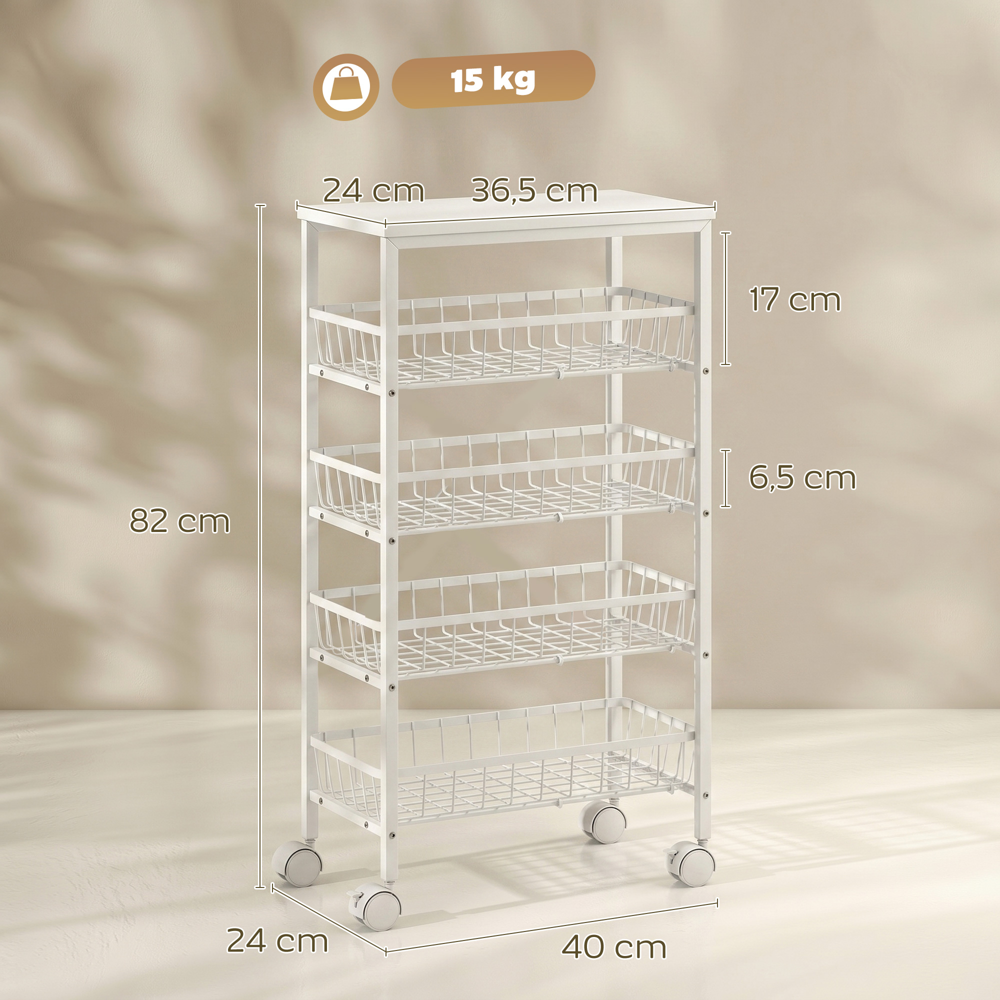 Carrito blanco con ruedas, 5 cestas, medidas 82x40x24 cm, capacidad 15 kg.