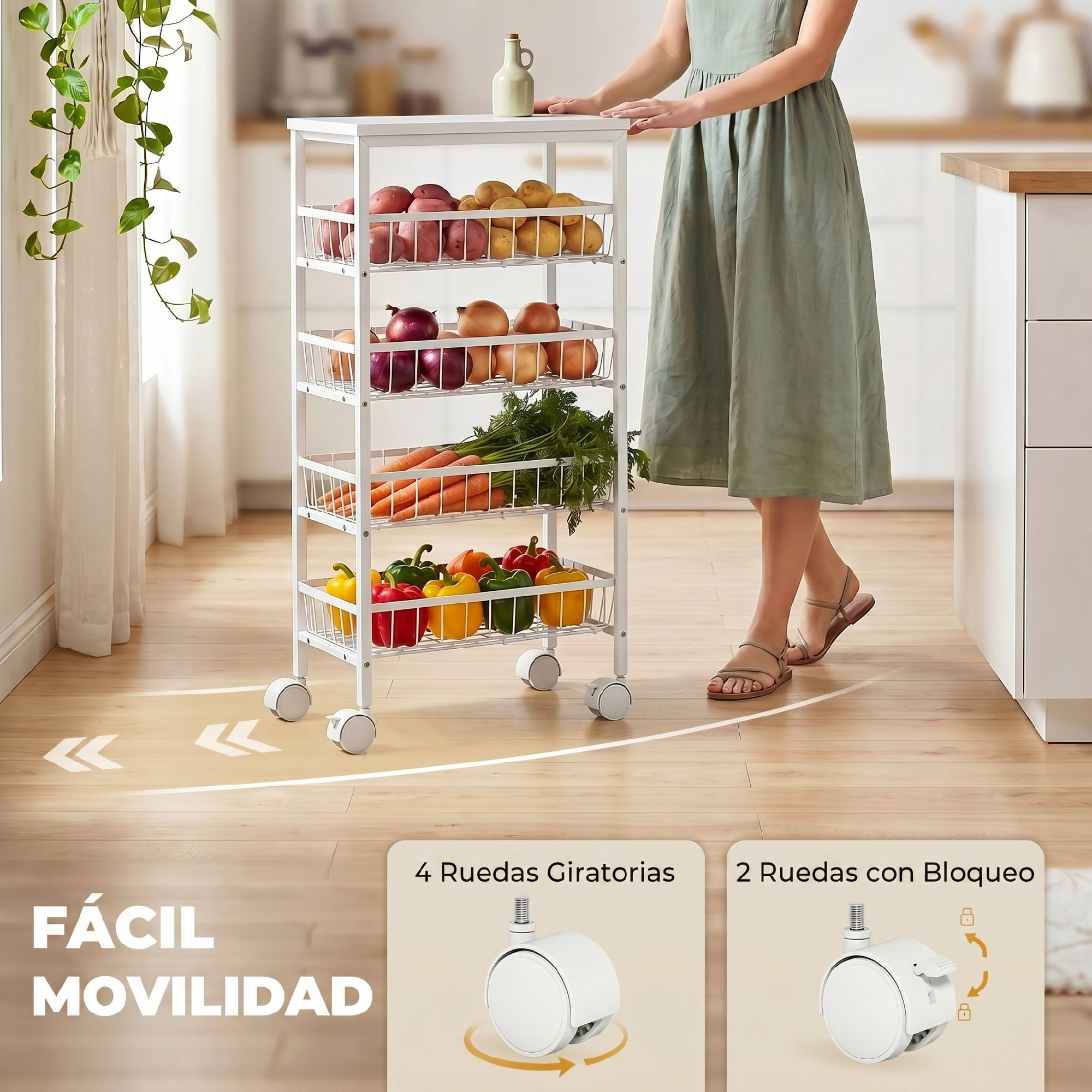 Un carrito de cocina blanco con ruedas, lleno de frutas y verduras.
