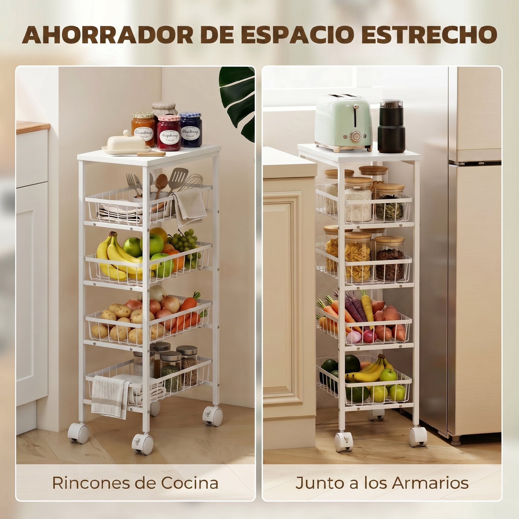 Un carrito de cocina estrecho con frutas, verduras y despensa.