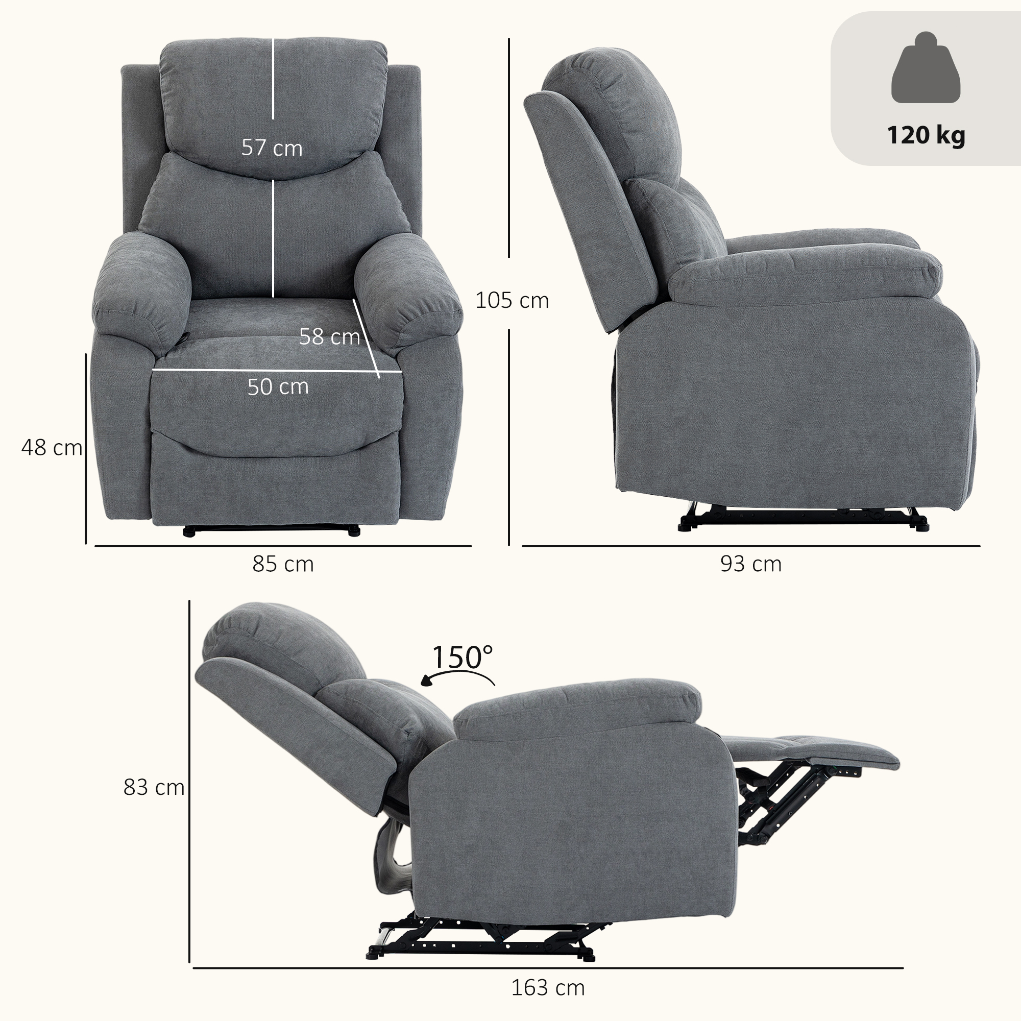 Sillón reclinable gris con dimensiones y capacidad de peso de 120 kg.