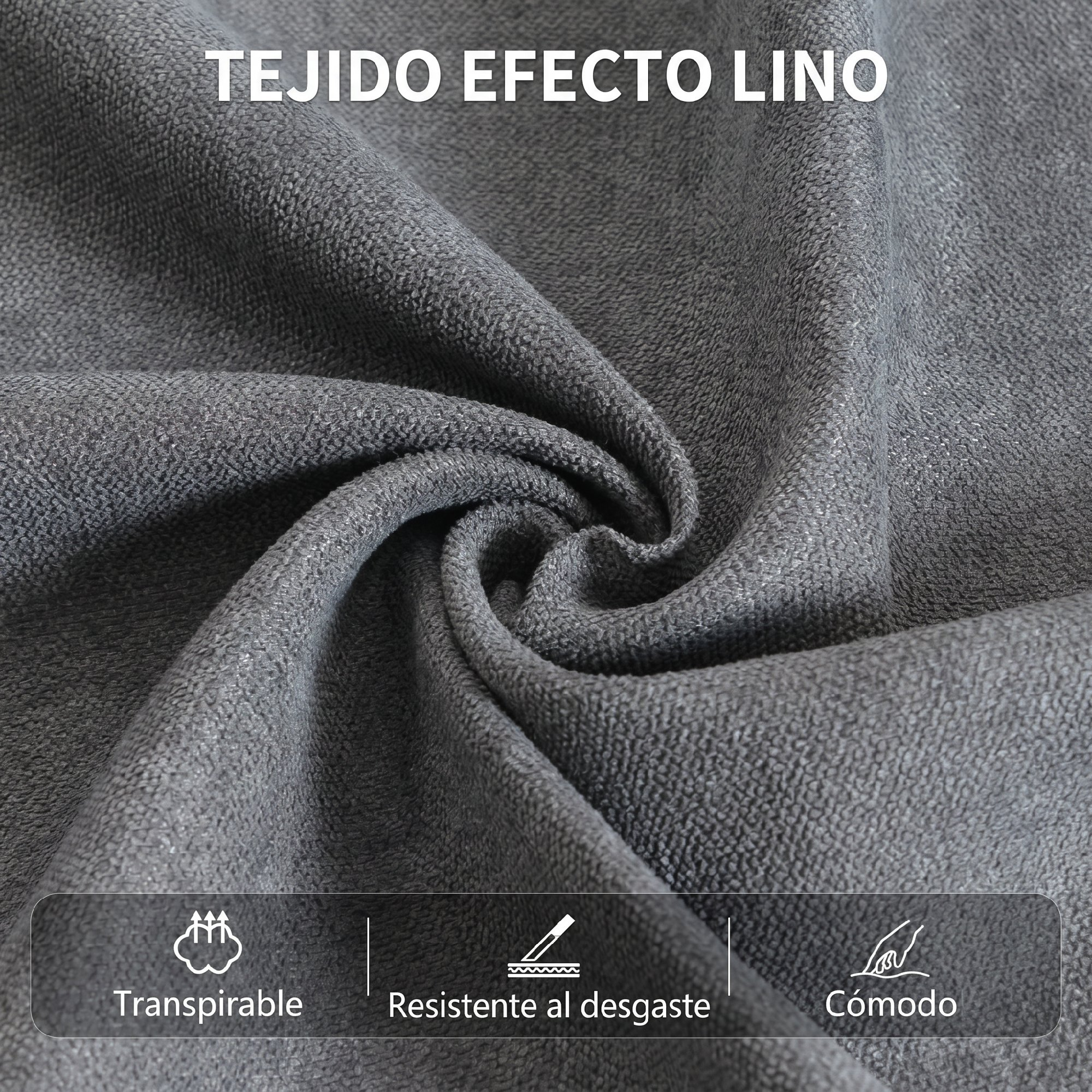 Tejido gris efecto lino, transpirable, resistente al desgaste, cómodo.