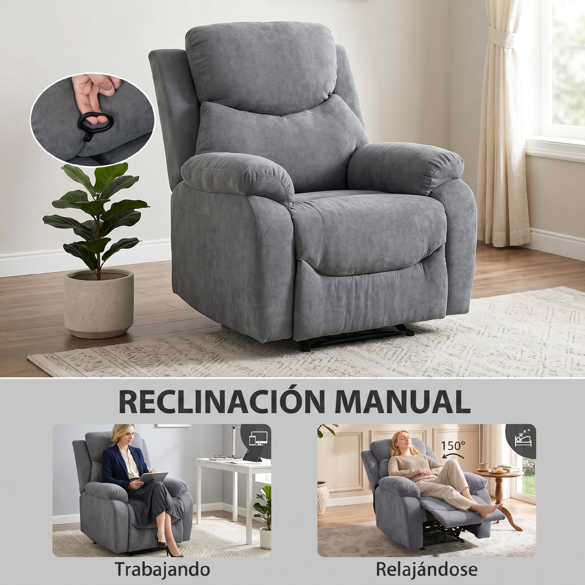 Sillón reclinable gris con operación manual. Mujer sentada en un escritorio.
