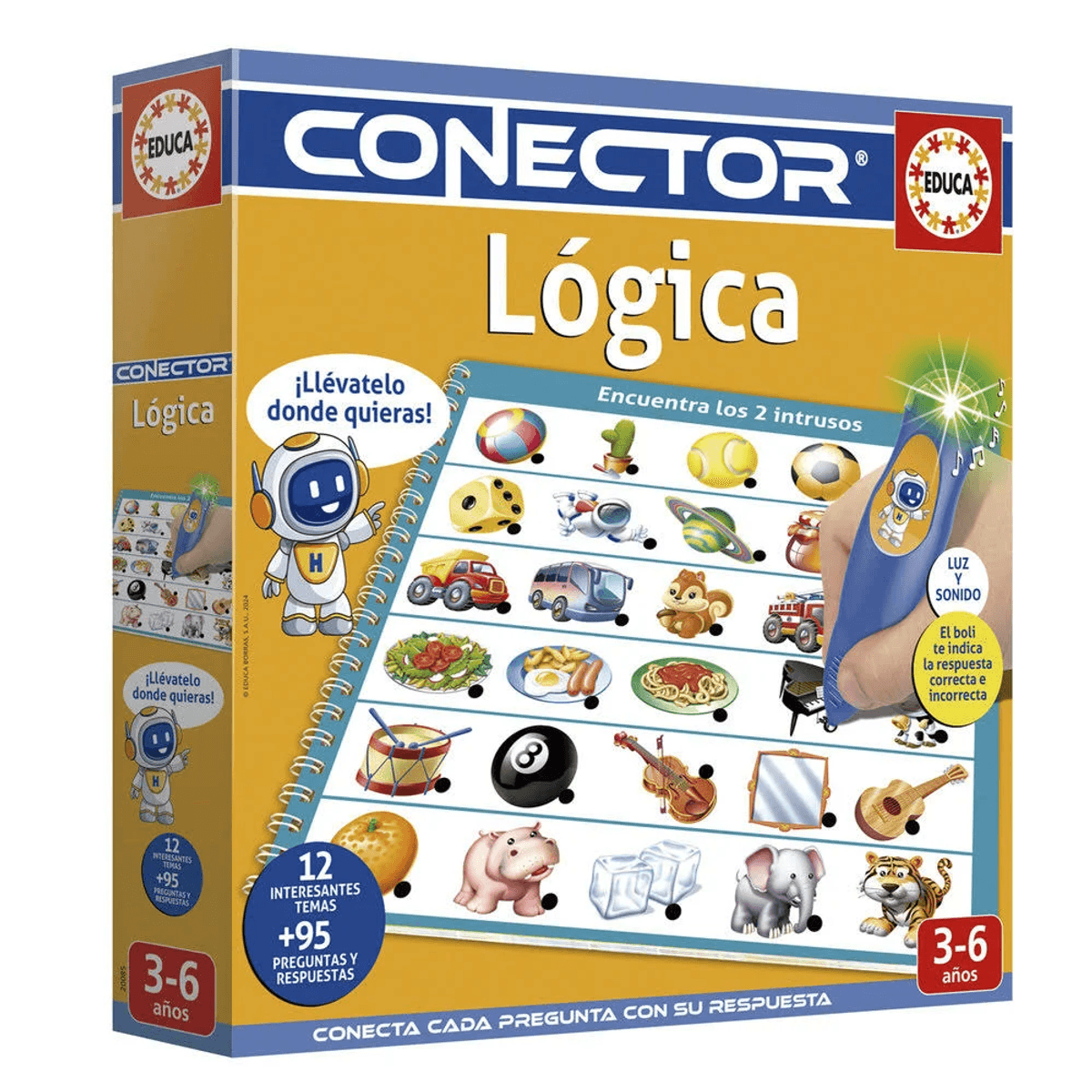 Juego educativo CONECTOR Lógica con tarjetas de imágenes y un bolígrafo.
