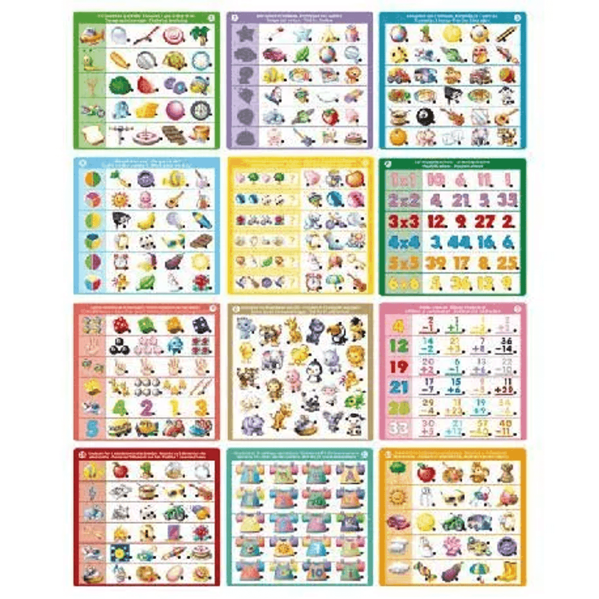 Nueve pósteres de aprendizaje con objetos, números y animales.