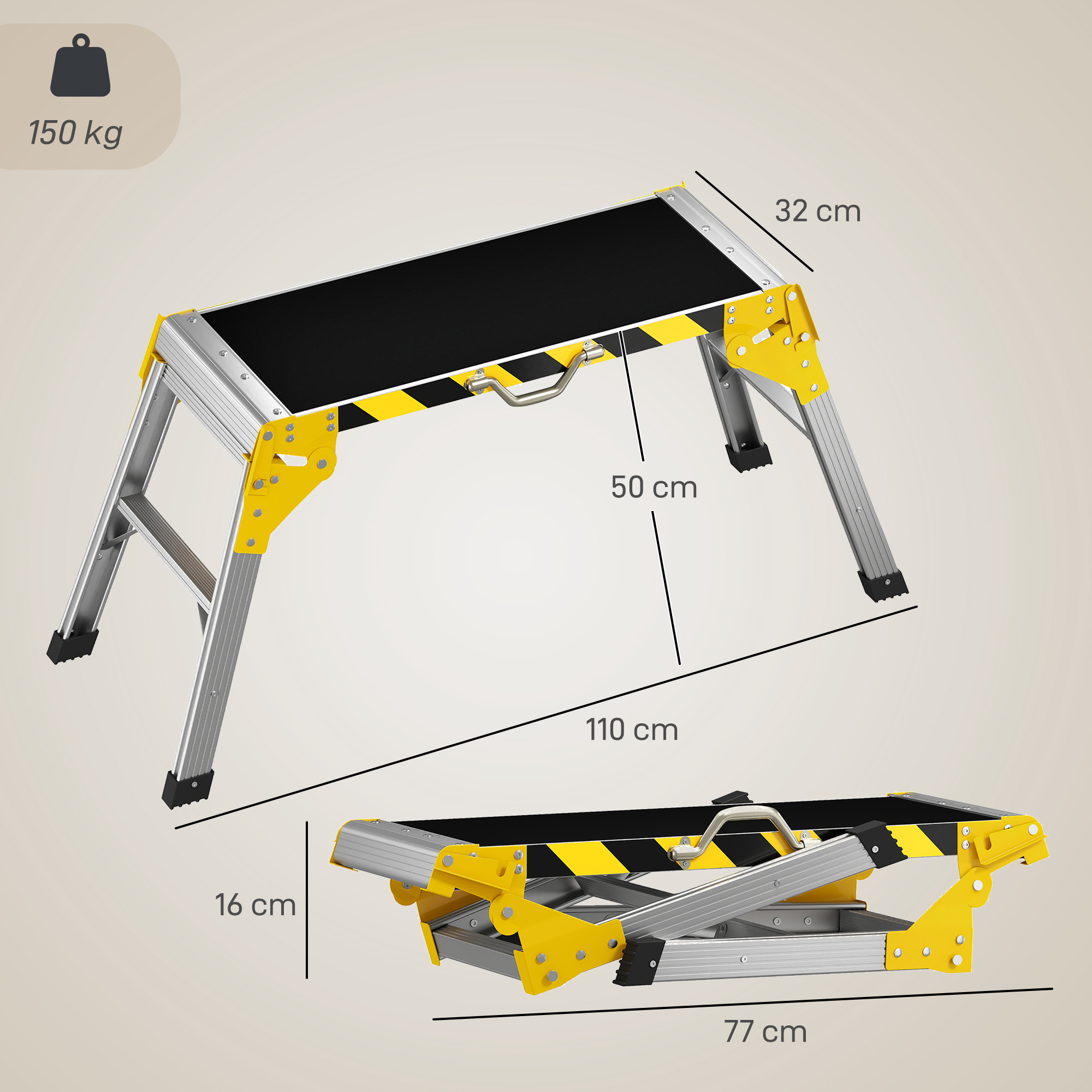Un escalón plegable con franjas de advertencia amarillas y negras, capacidad 150 kg.