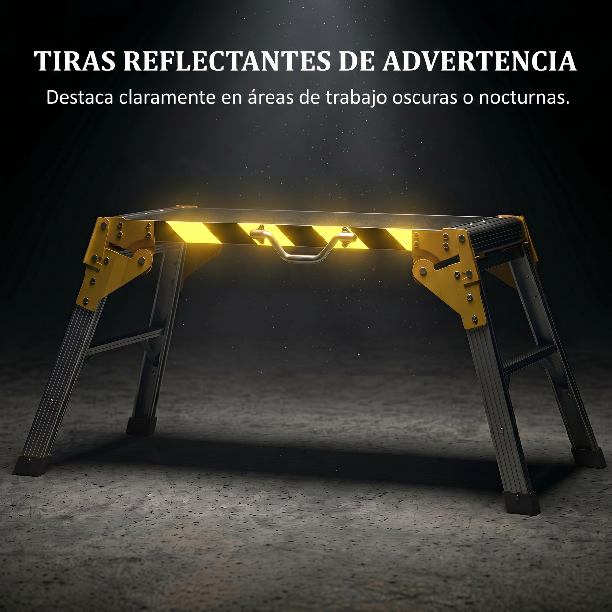 Una plataforma de trabajo plegable con rayas reflectantes amarillas y negras.