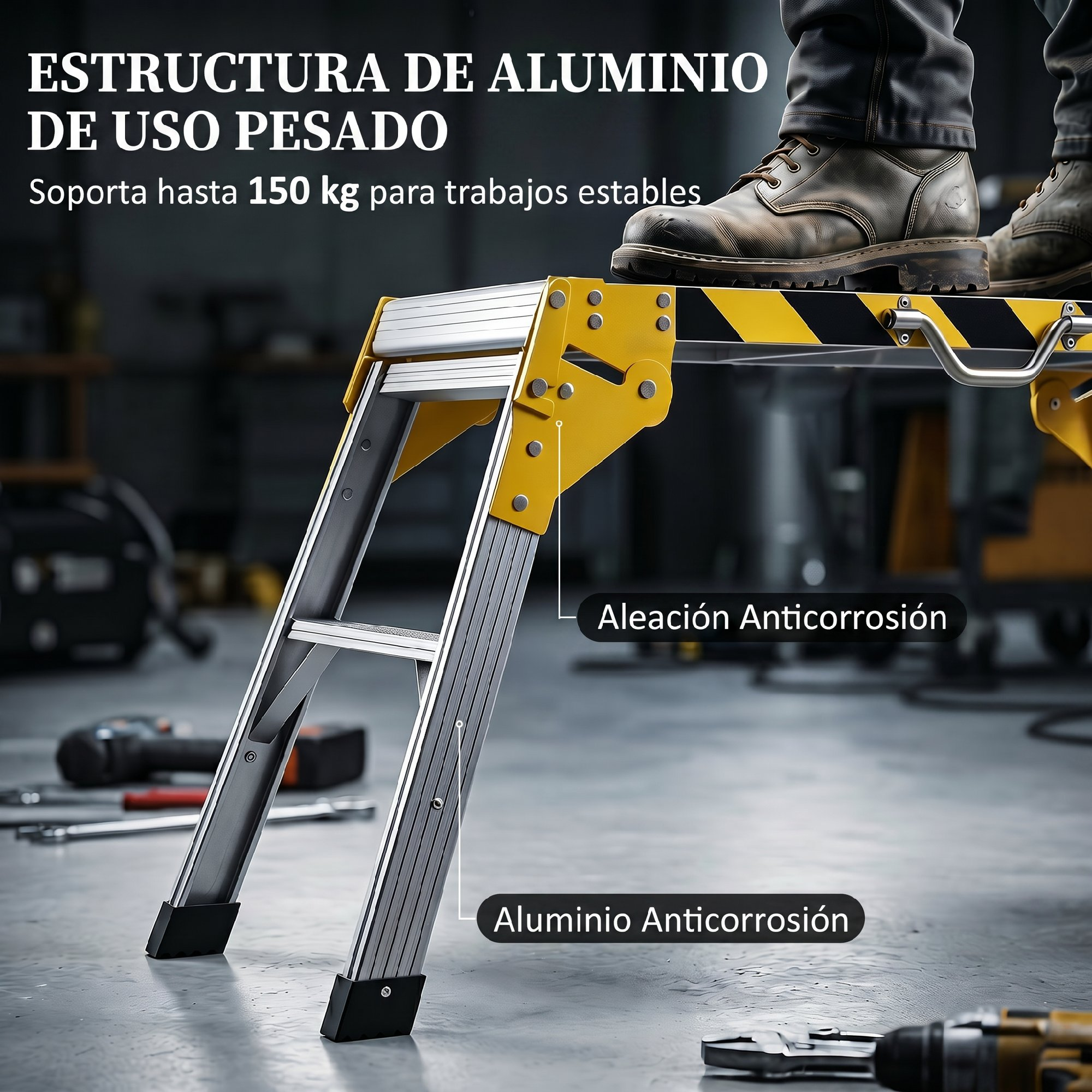 Escalera de aluminio resistente con rayas de seguridad amarillas y herramientas.