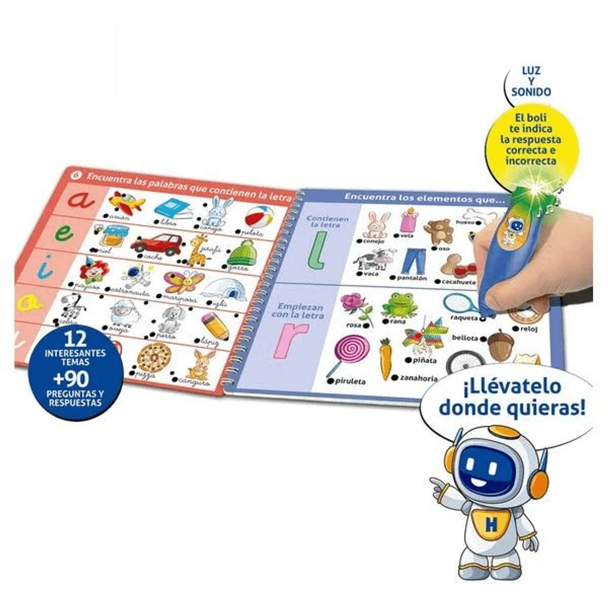 Libro interactivo con letras, dibujos y un boli que emite luz y sonido.