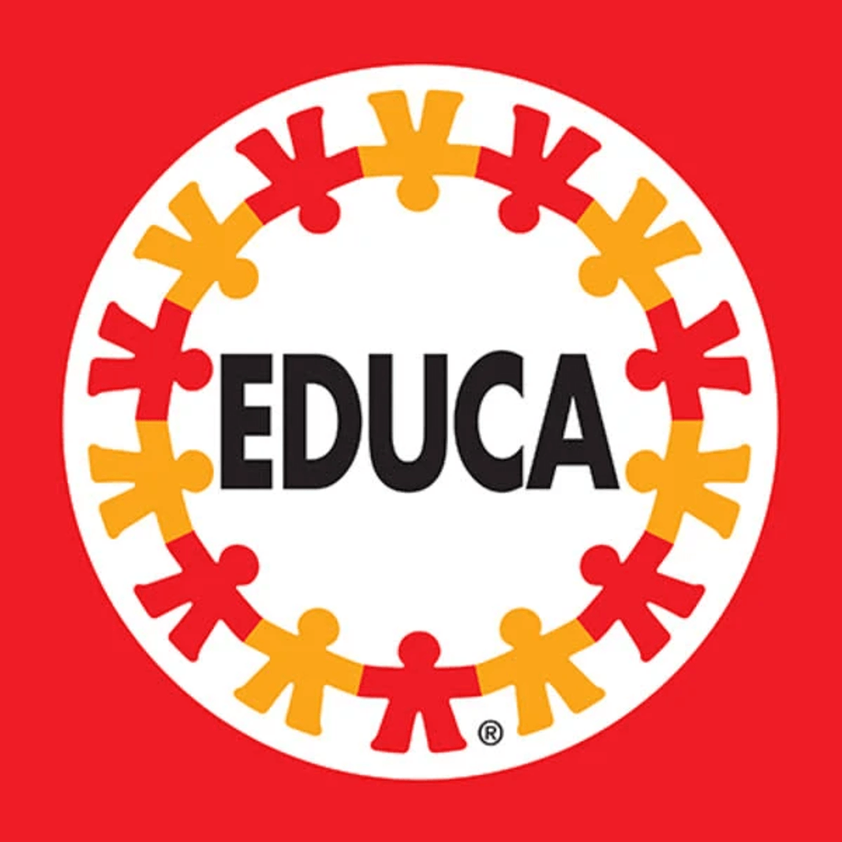 Logo con la palabra EDUCA en negro sobre blanco, rodeado de personas de rompecabezas rojas y amarillas.