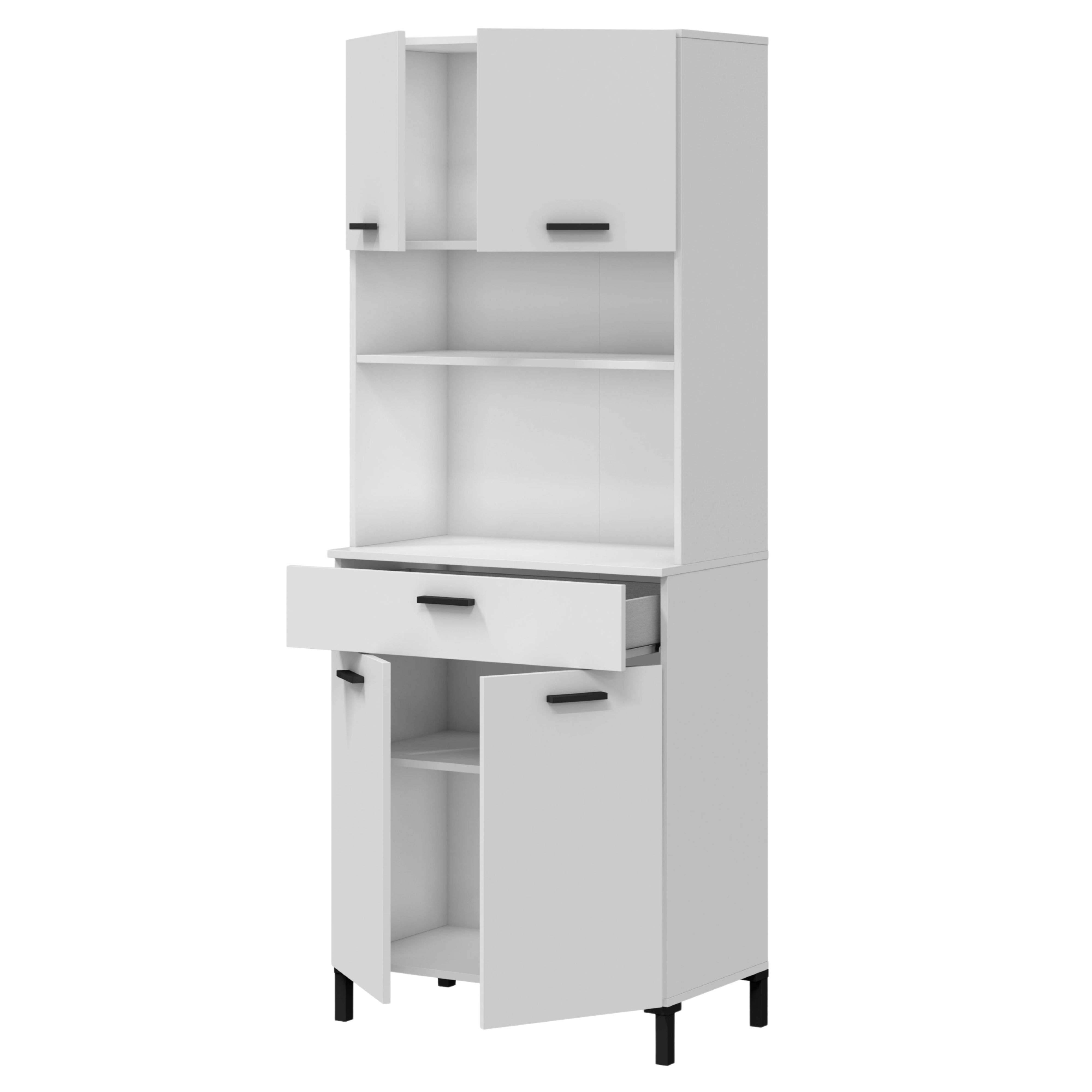 Un mueble de cocina blanco con puertas abiertas y un cajón, sobre patas negras.