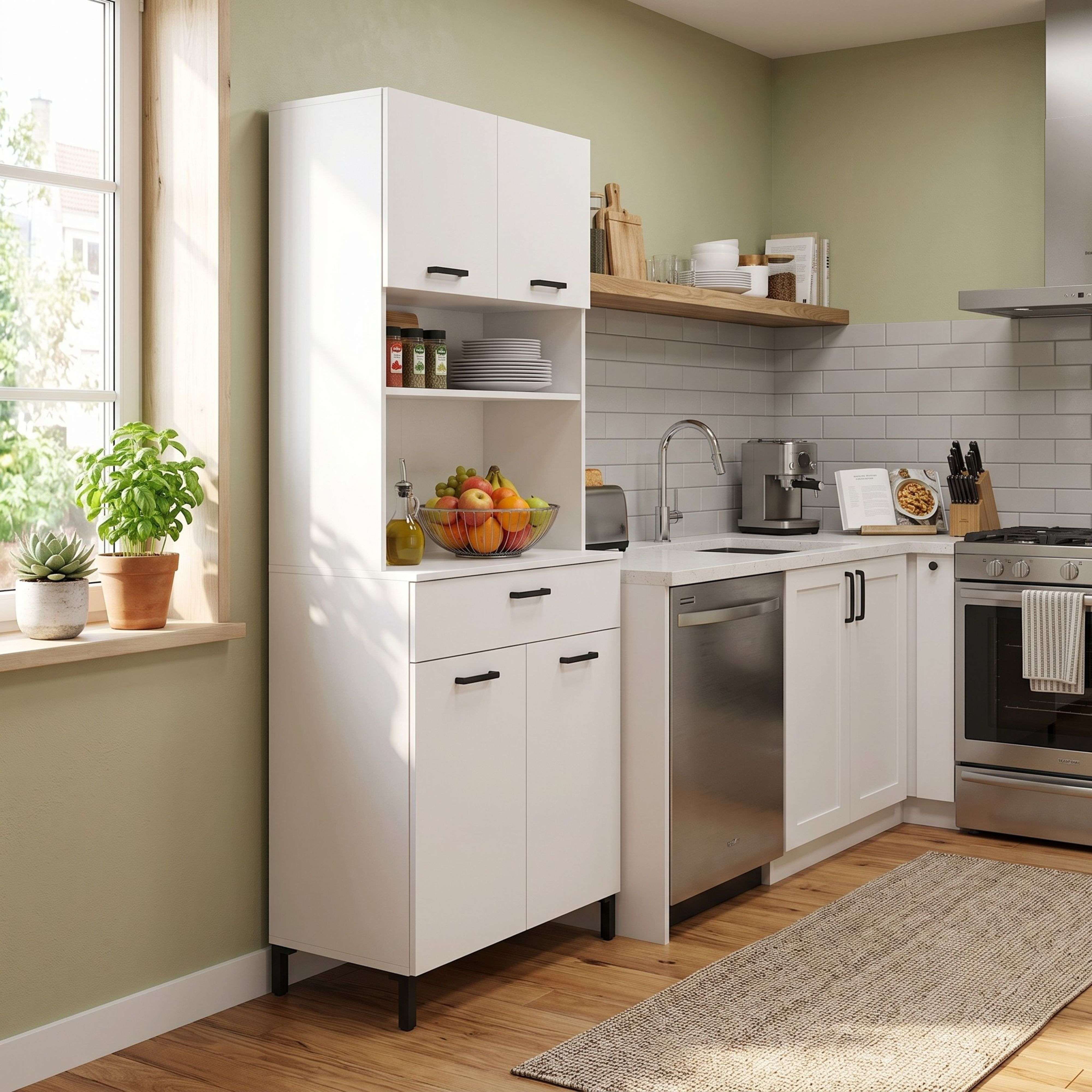 Una cocina blanca con pisos de madera, frutero, electrodomésticos y ventana.