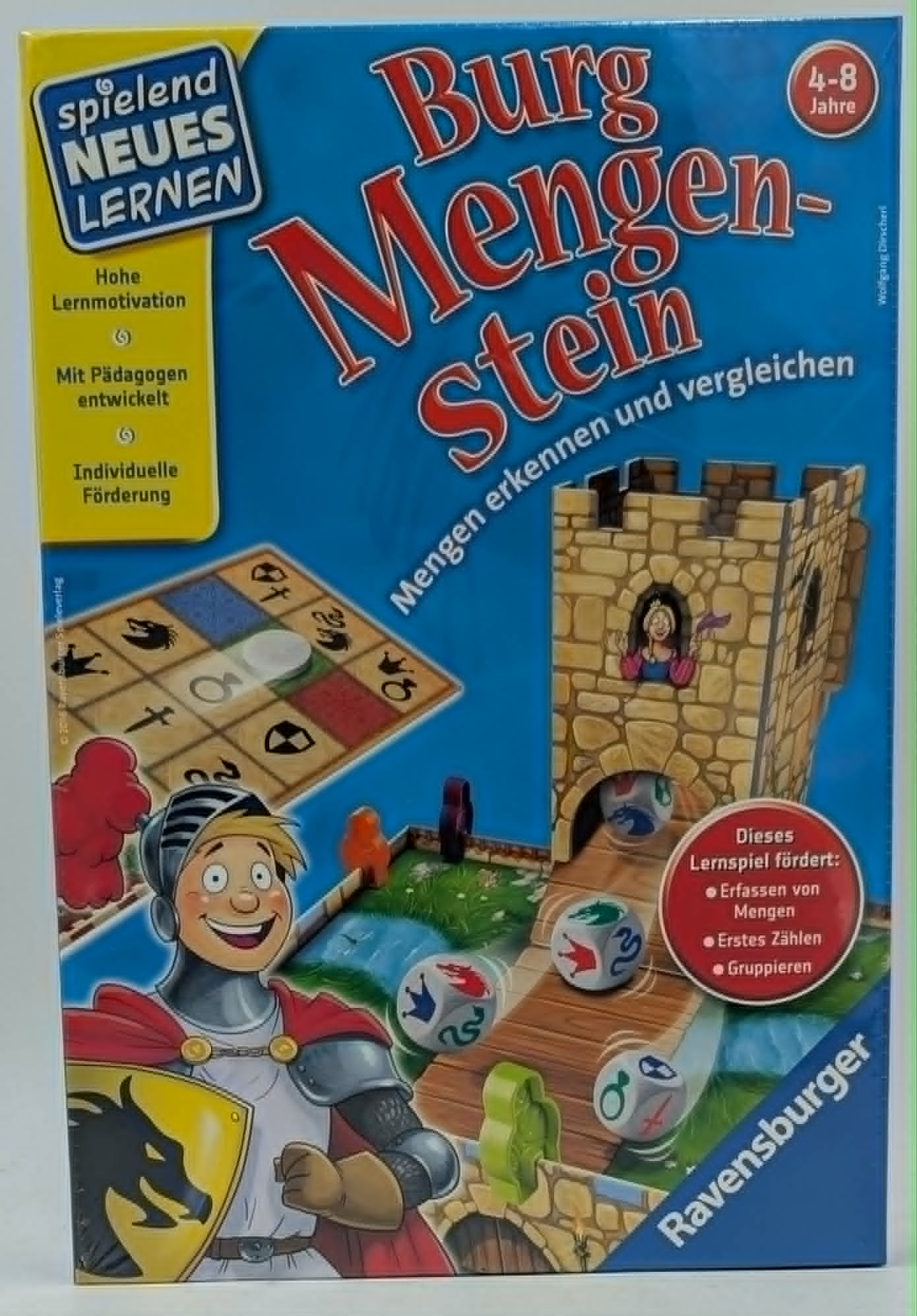 Brettspiel 'Burg Mengen-Stein' von Ravensburger für 4-8 Jährige mit Ritter, Burg und Würfeln.