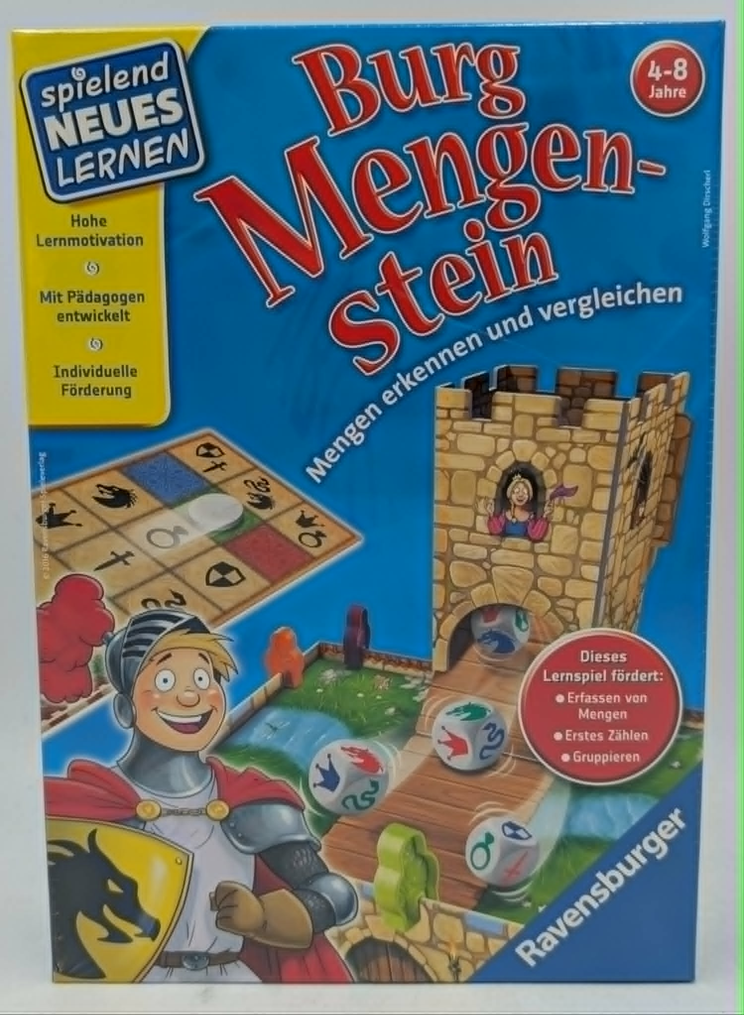 Brettspiel Burg Mengen-Stein mit Ritter, Burg und Würfeln für Kinder ab 4 Jahren.