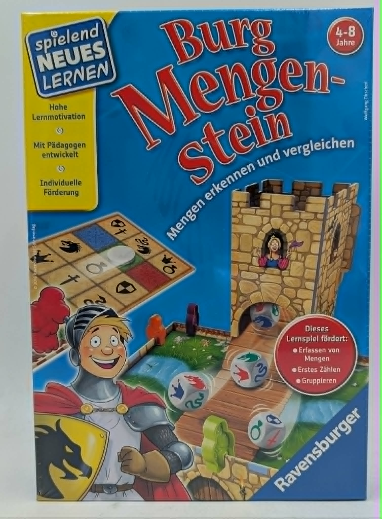 Brettspielverpackung mit Ritter, Burg und Würfeln. Für Kinder von 4-8 Jahren.