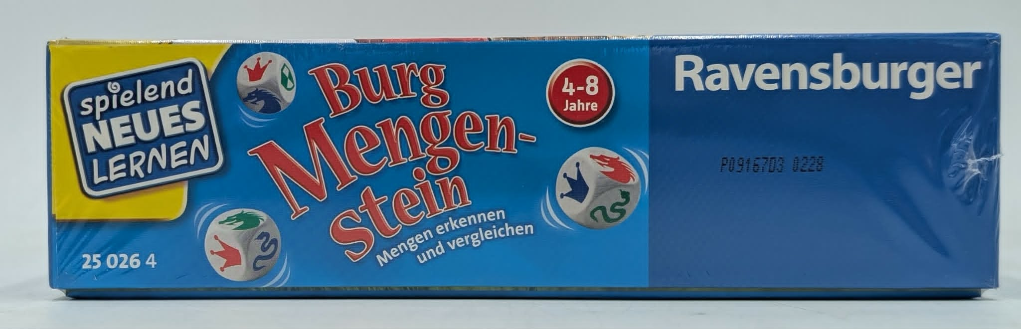 Ravensburger 'Burg Mengen-Stein' Brettspiel-Verpackung mit Würfeln und Alterangabe.