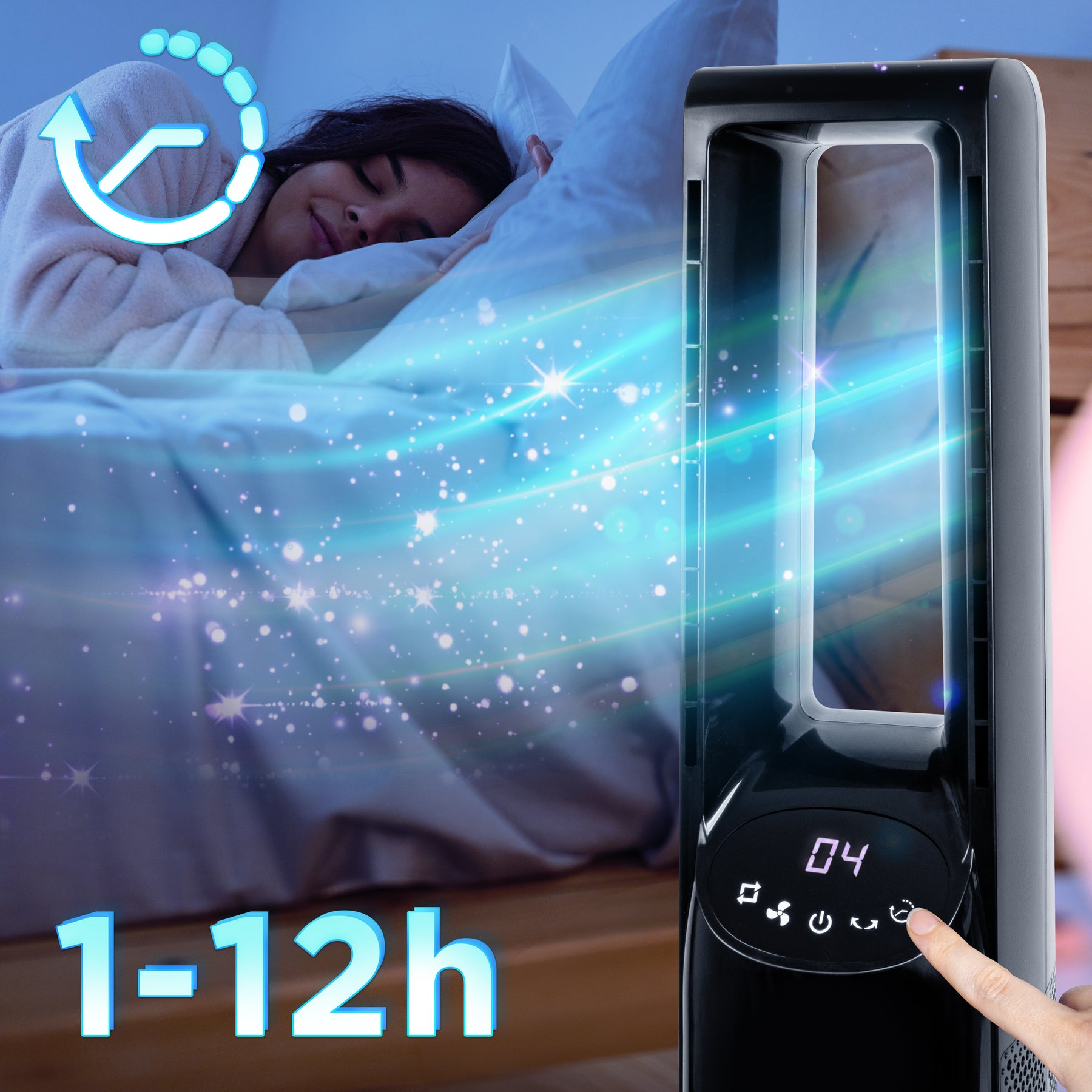 Eine Frau schläft im Bett, während ein Ventilator Luft bläst. Timer 1-12h.