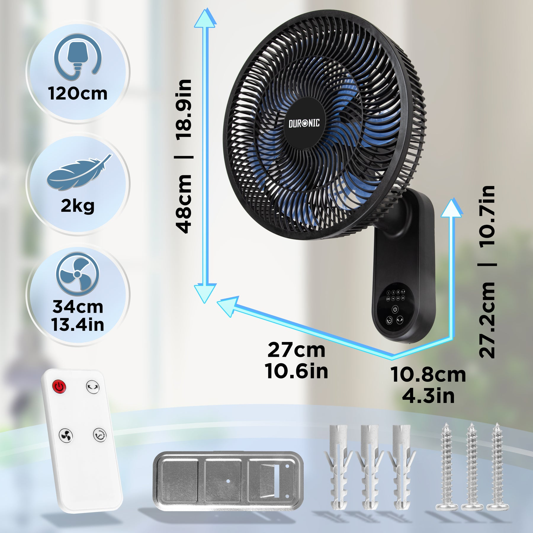 Ein schwarzer Wandventilator mit blauen Rotorblättern, Fernbedienung und Befestigungsmaterial.